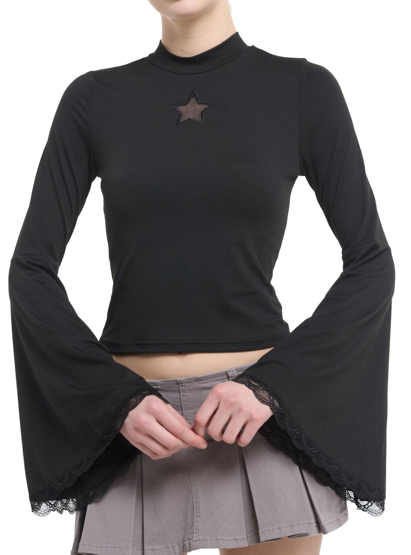 Daisy Street Star Cutout Bell Sleeve Girls Mock Neck Top, , hi-res