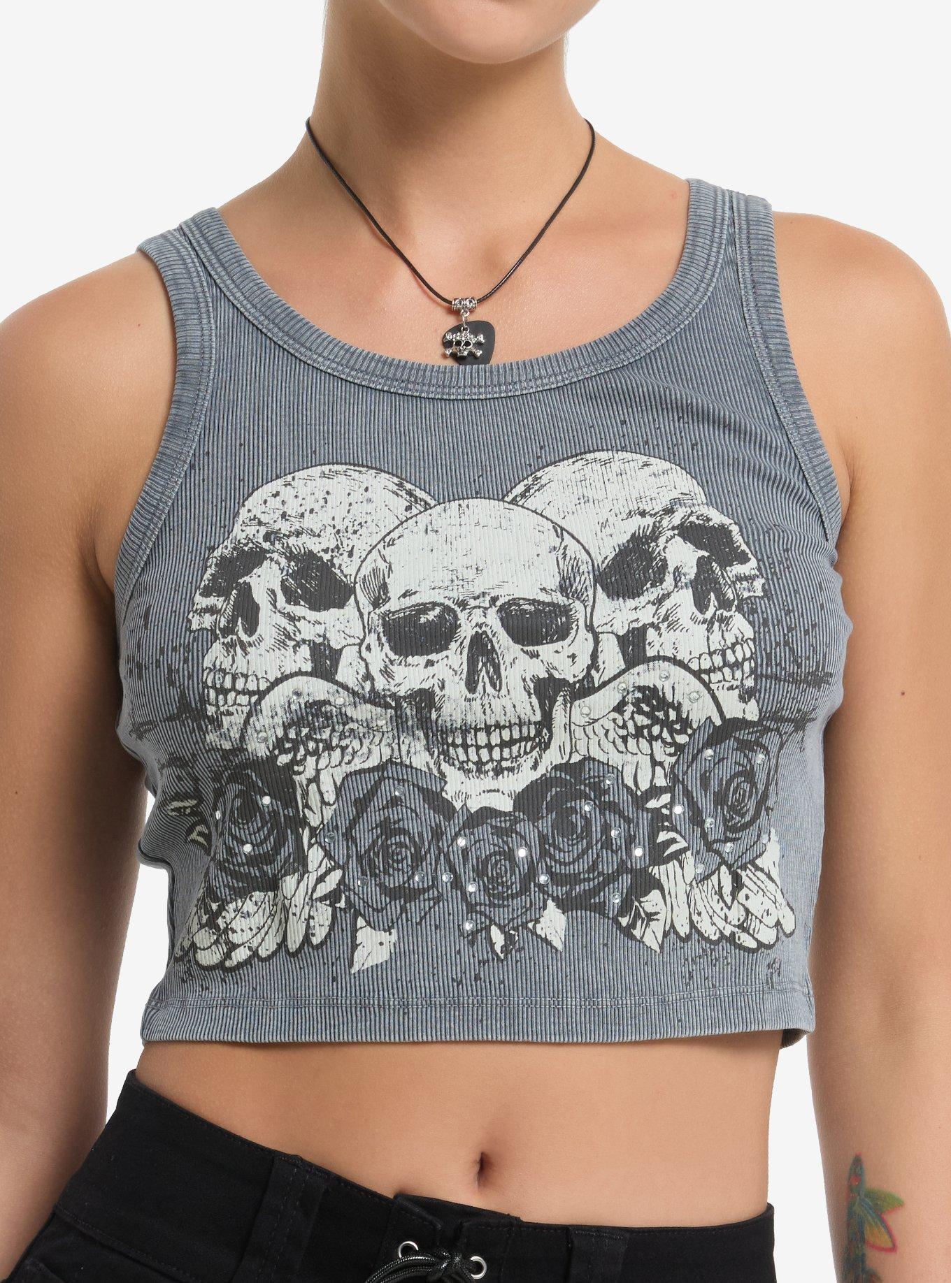 Grey Triple Skull Roses Girls Crop Tank Top, , hi-res