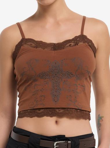 Brown Cross Lace Girls Crop Cami | Hot Topic