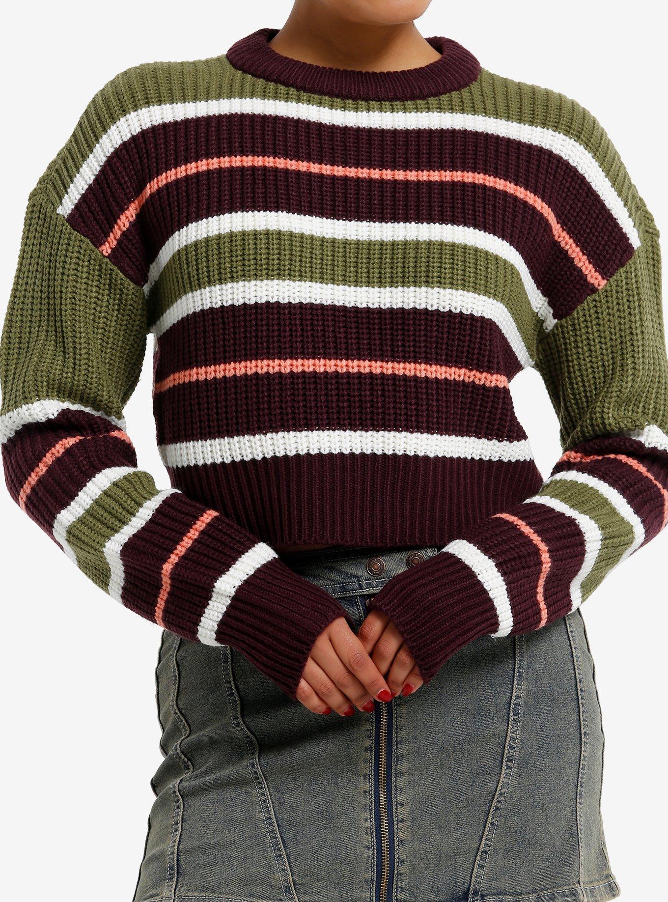 Thorn & Fable Olive Green & Brown Stripe Girls Crop Sweater, , hi-res