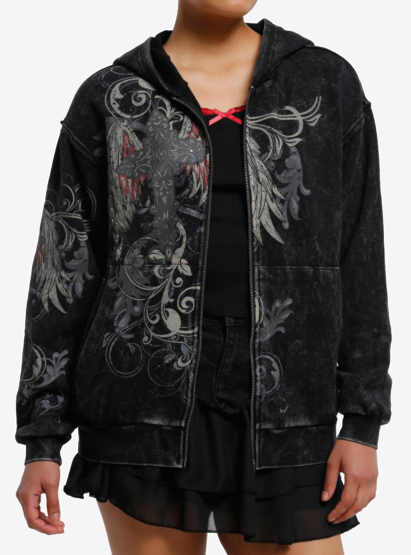 Winged Gothic Cross Mineral Wash Girls Hoodie | Hot Topic
