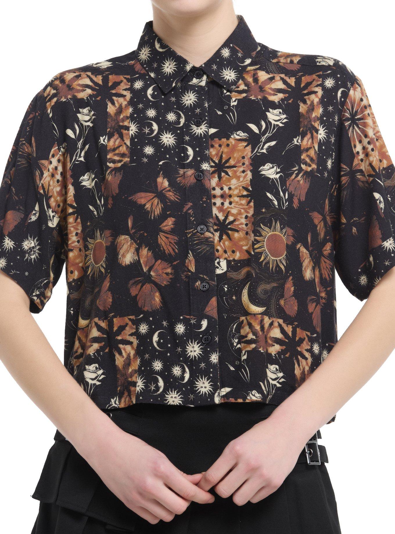 Cosmic Aura Brown Celestial Floral Patchwork Girls Boxy Woven Button-Up, , hi-res