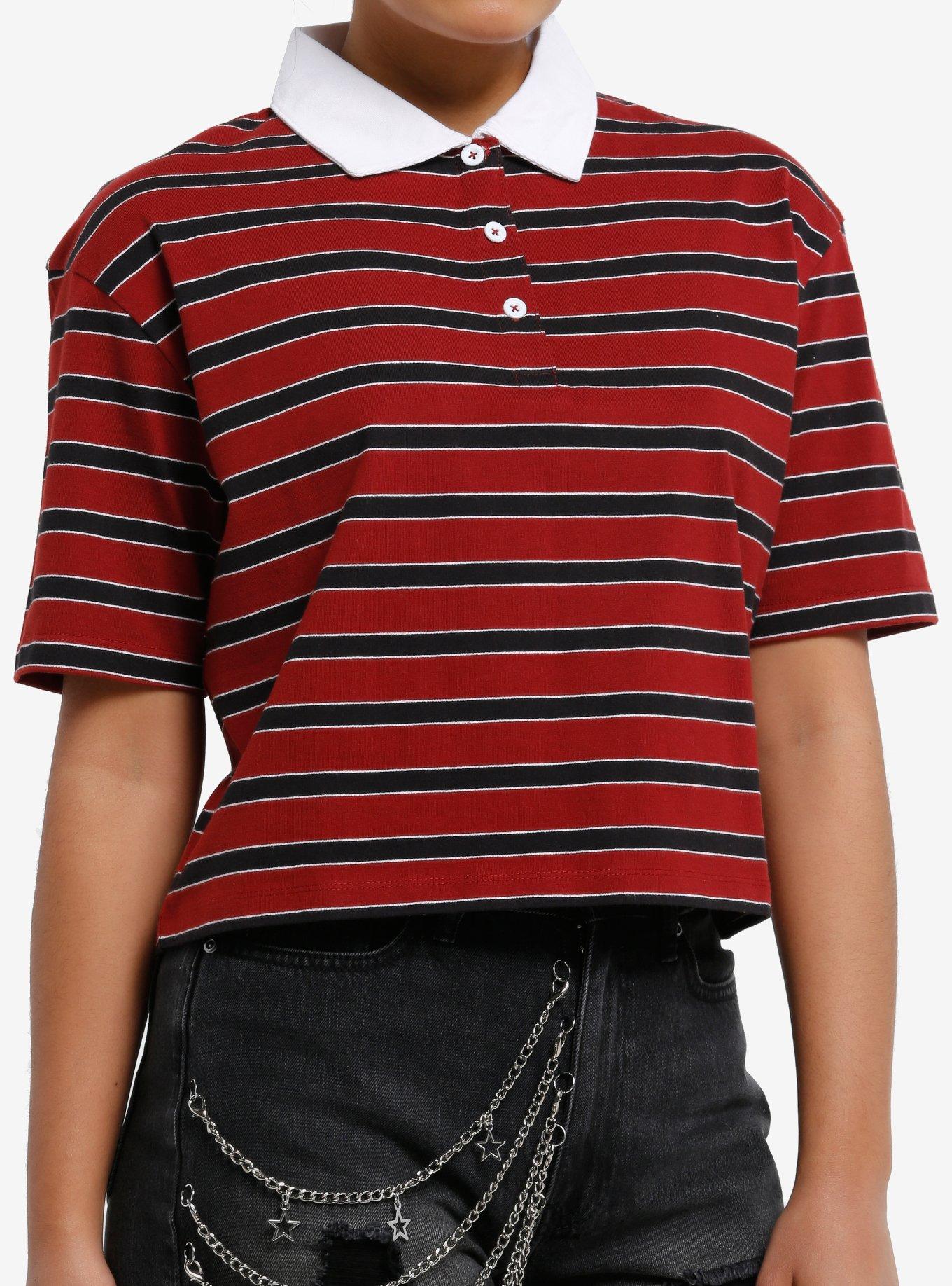 Red & Black Stripe Girls Crop Polo Shirt, , hi-res