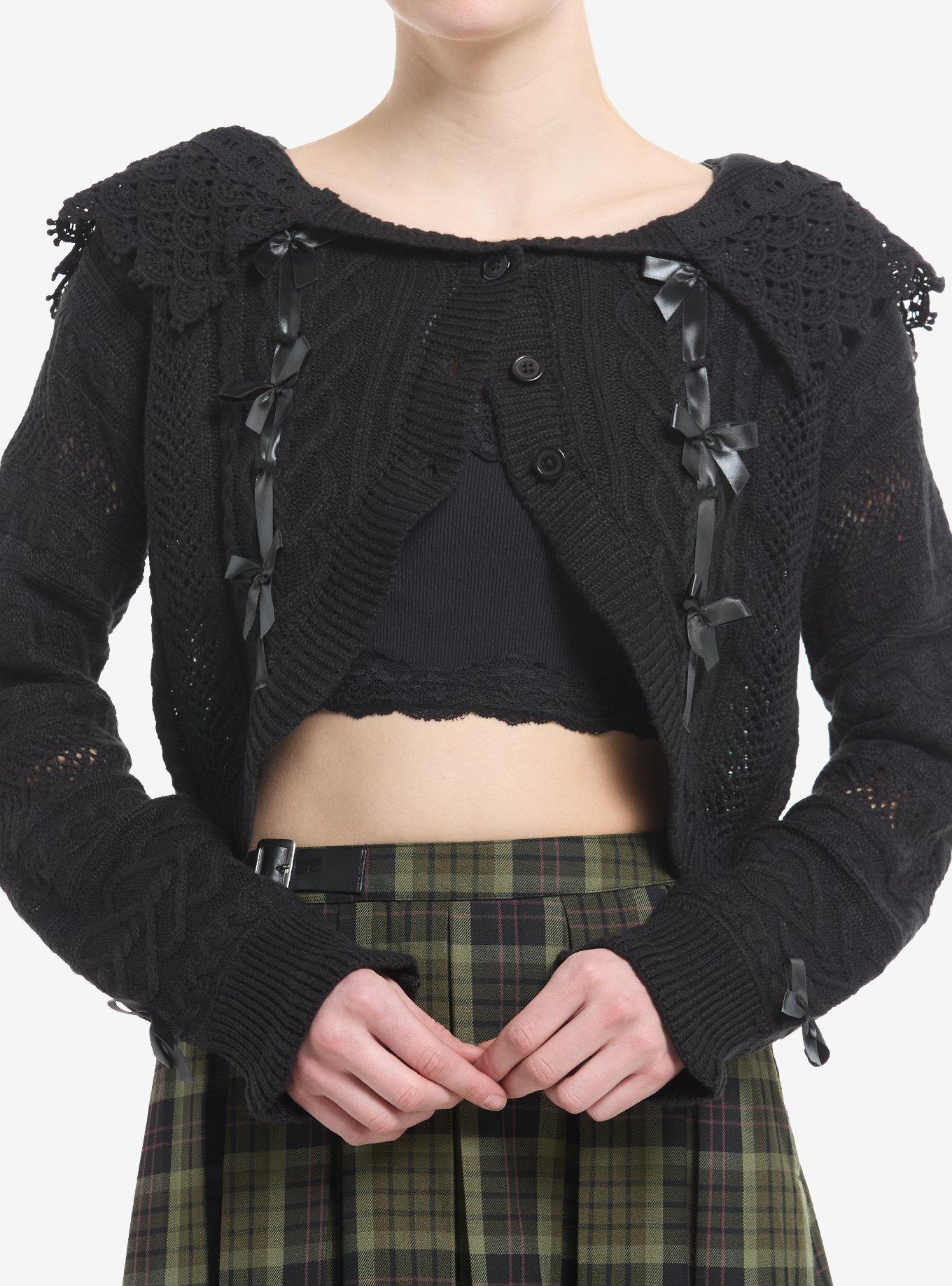 Sweet Society Black Sailor Collar Bow Girls Crop Cardigan, , hi-res