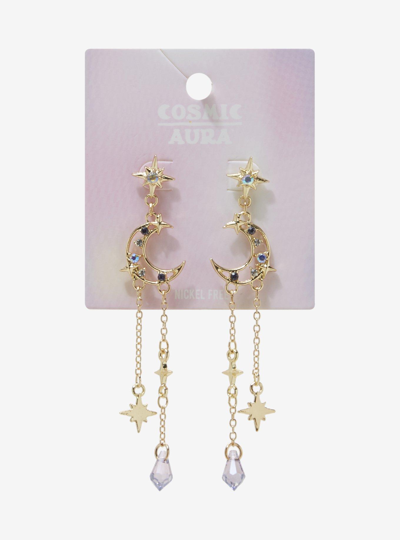 Cosmic Aura Crescent Moon Star Stud Drop Earrings, , hi-res