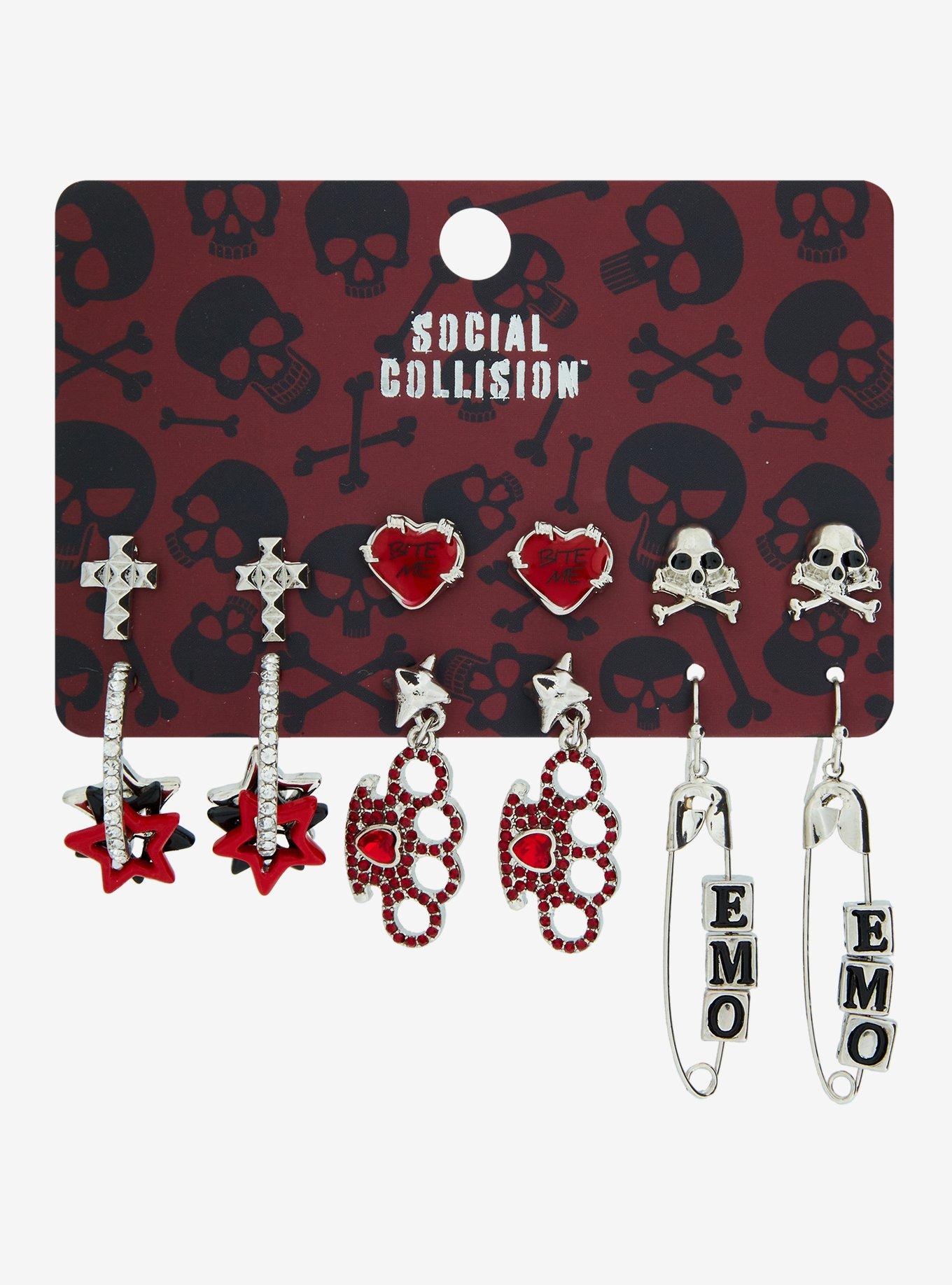 Social Collision Emo Brass Knuckles Earring Set, , hi-res