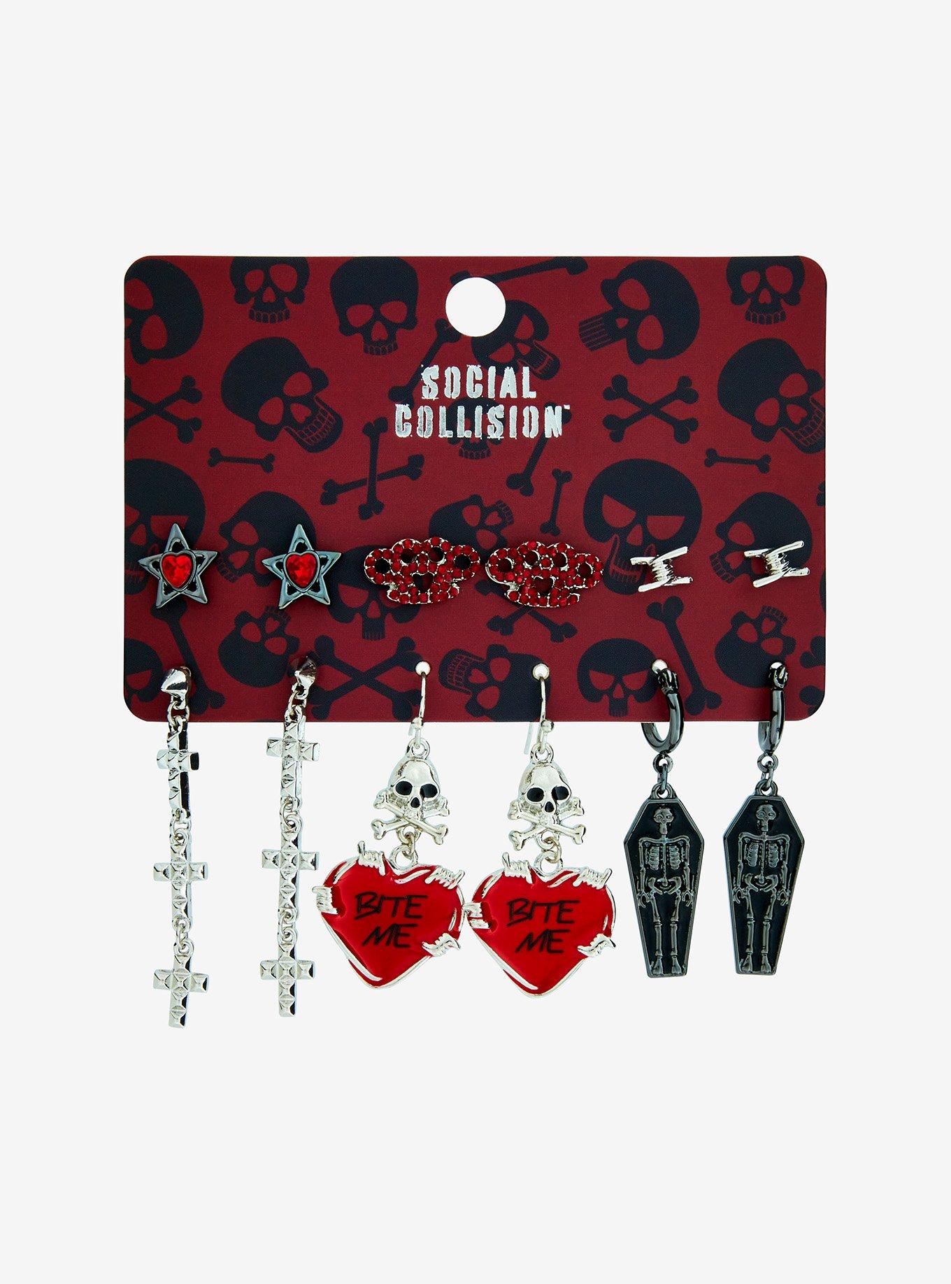 Social Collision Punk Skull Coffin Barbed Wire Earring Set, , hi-res