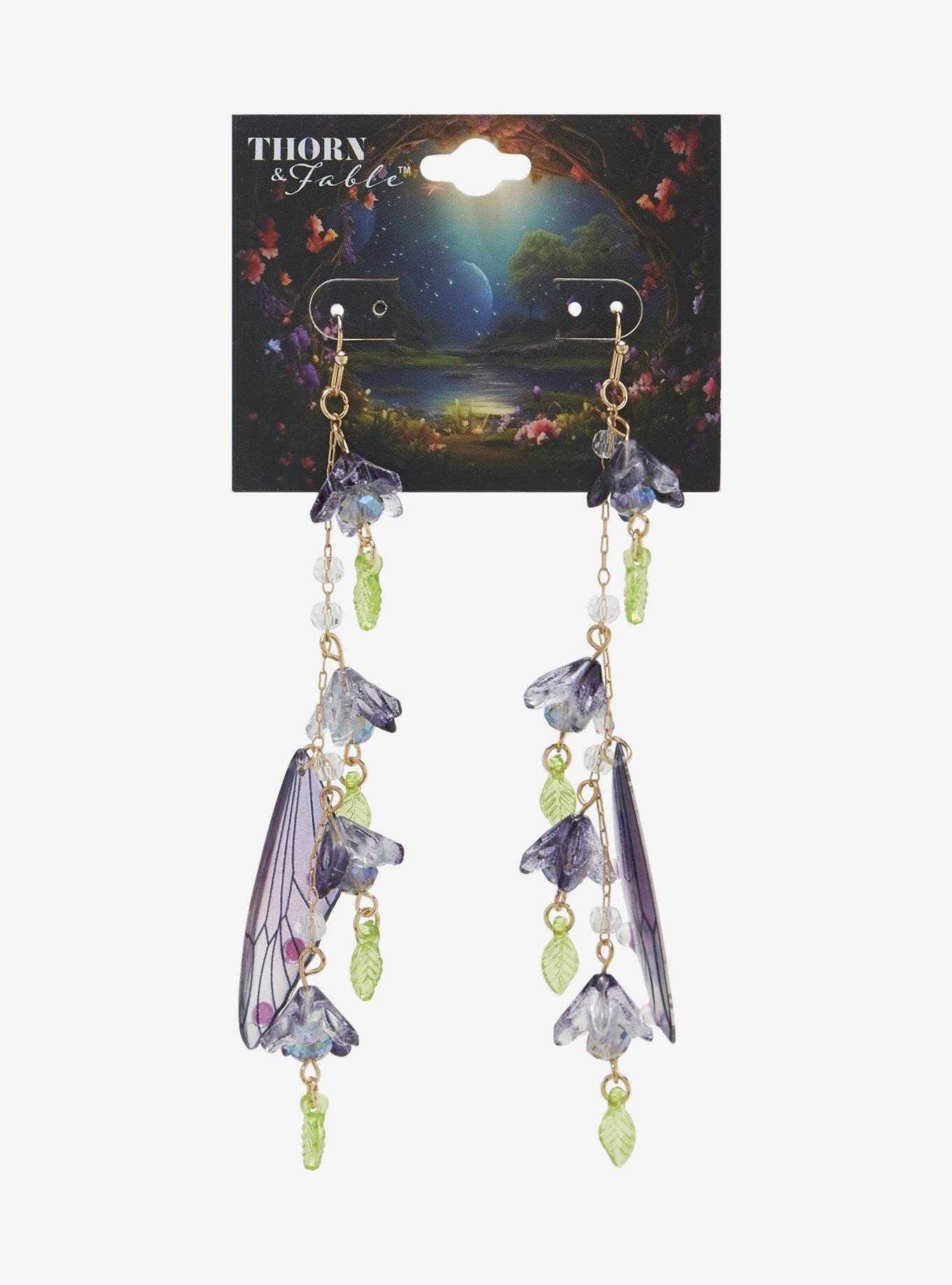 Thorn & Fable Purple Flower Butterfly Wing Earrings, , hi-res