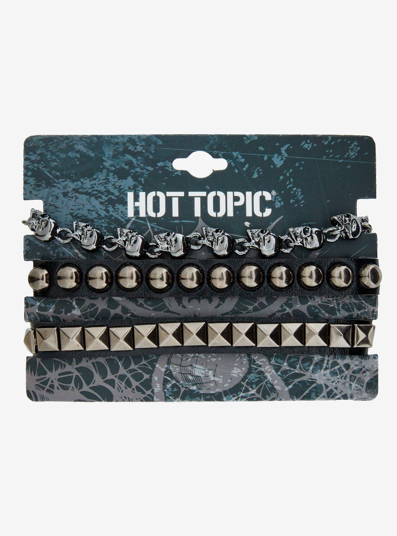 Faux Leather Stud Skull Chain Bracelet Set, , hi-res