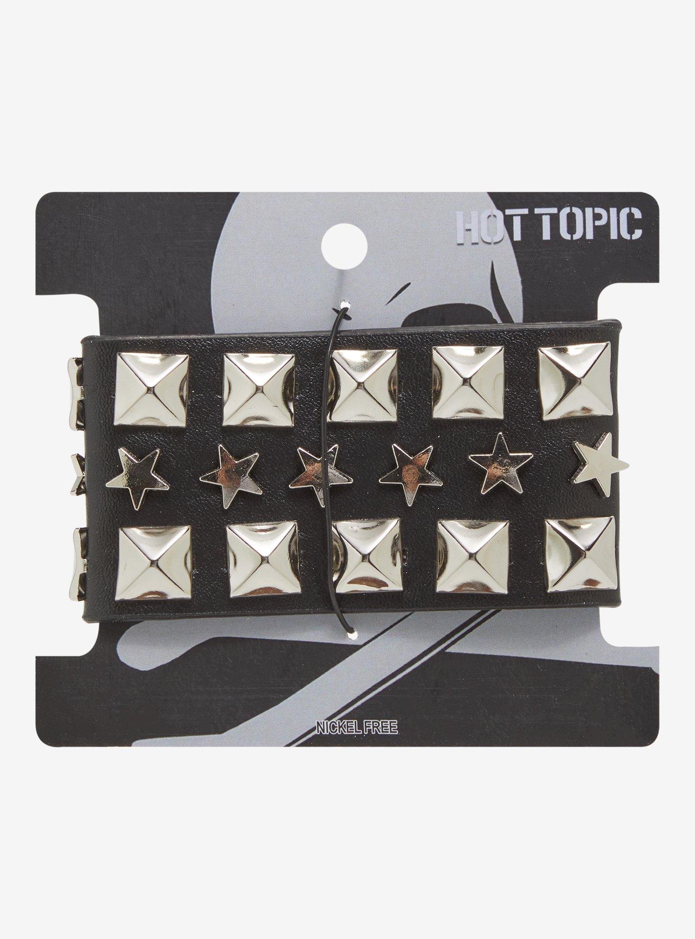 Pyramid Stud Star Faux Leather Bracelet Cuff, , hi-res