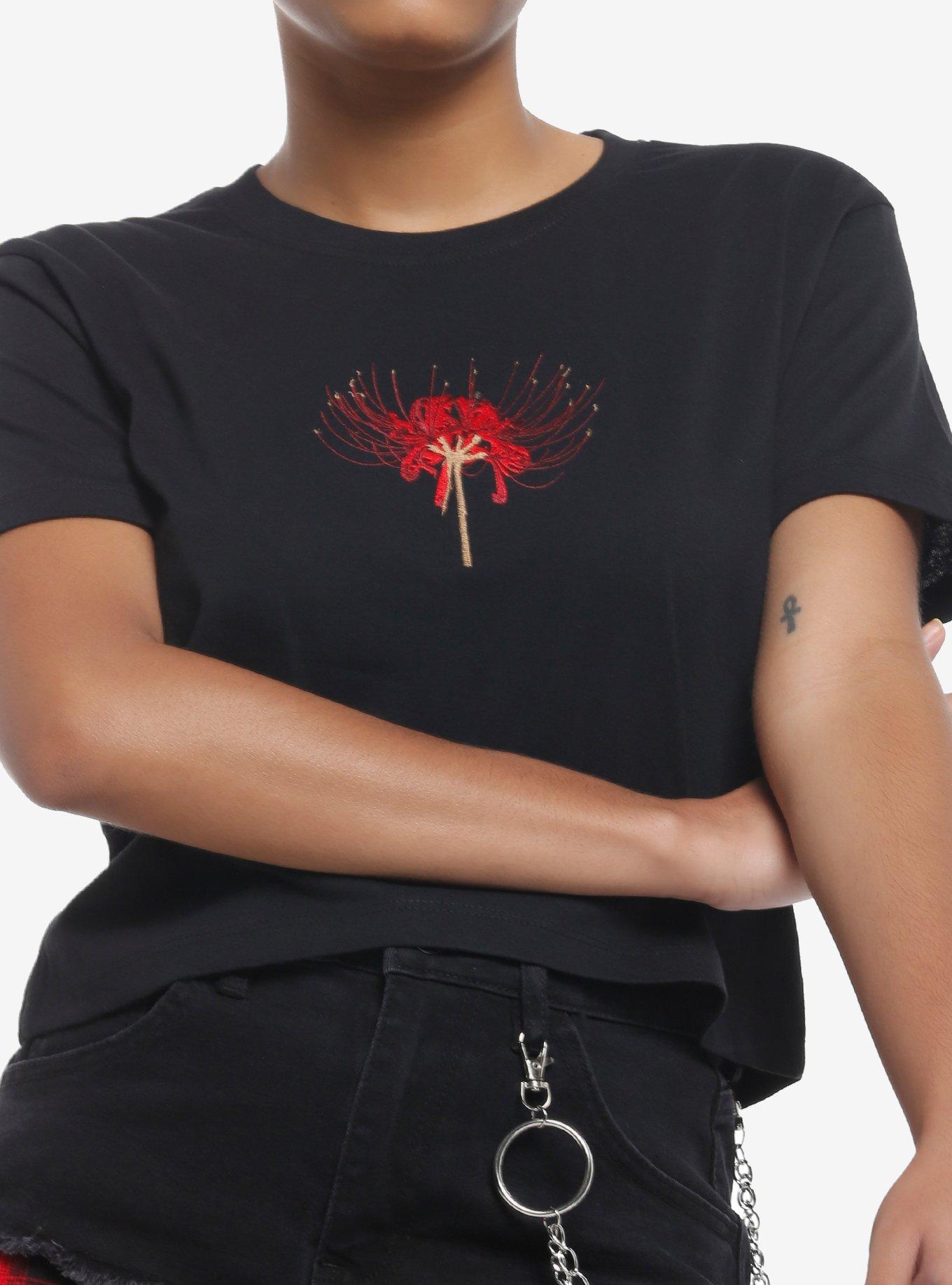 Spider Lily Embroidered Boxy Girls Crop T-Shirt, , hi-res