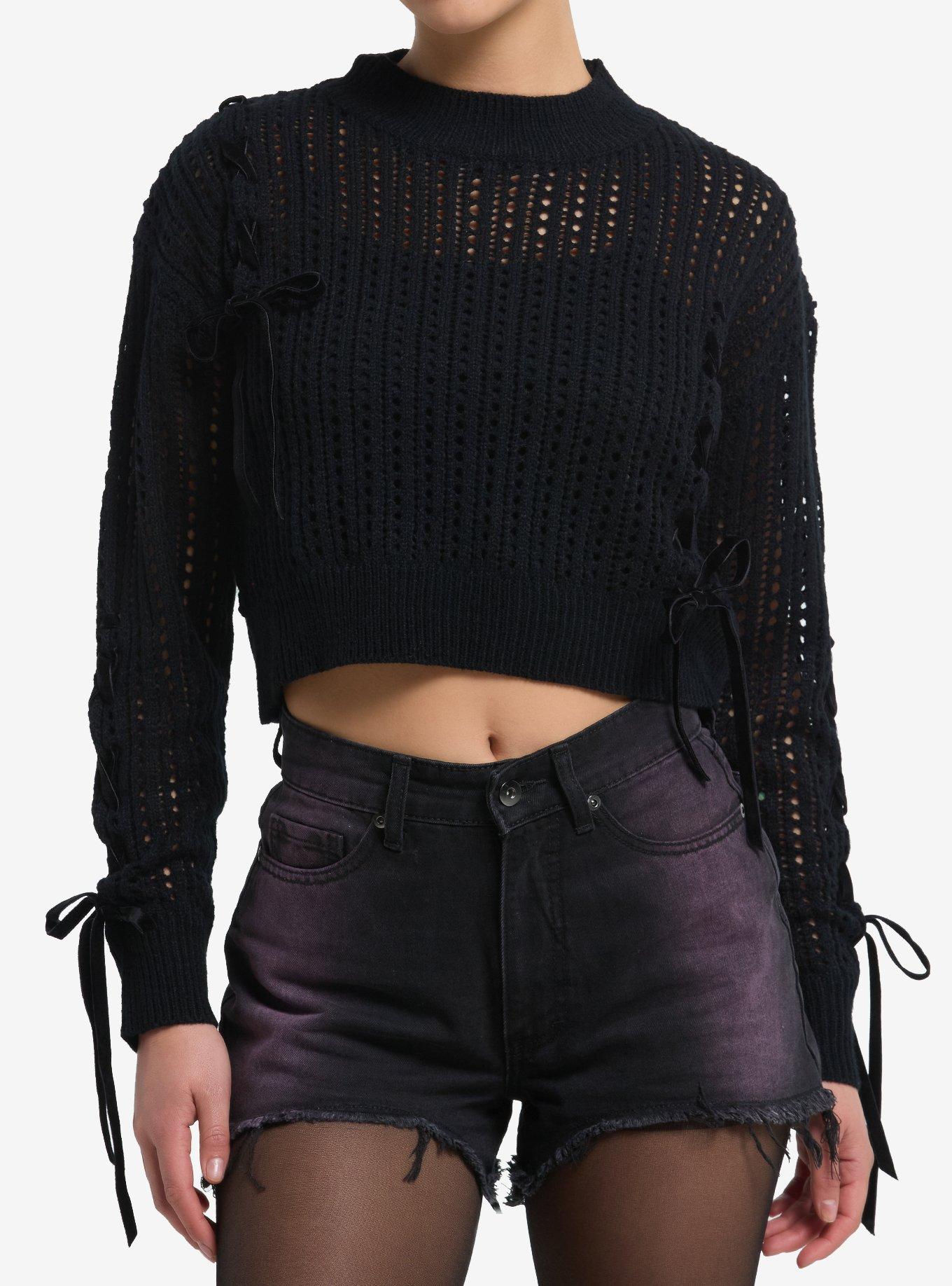 Black Lace-Up Bow Knit Girls Crop Sweater, , hi-res
