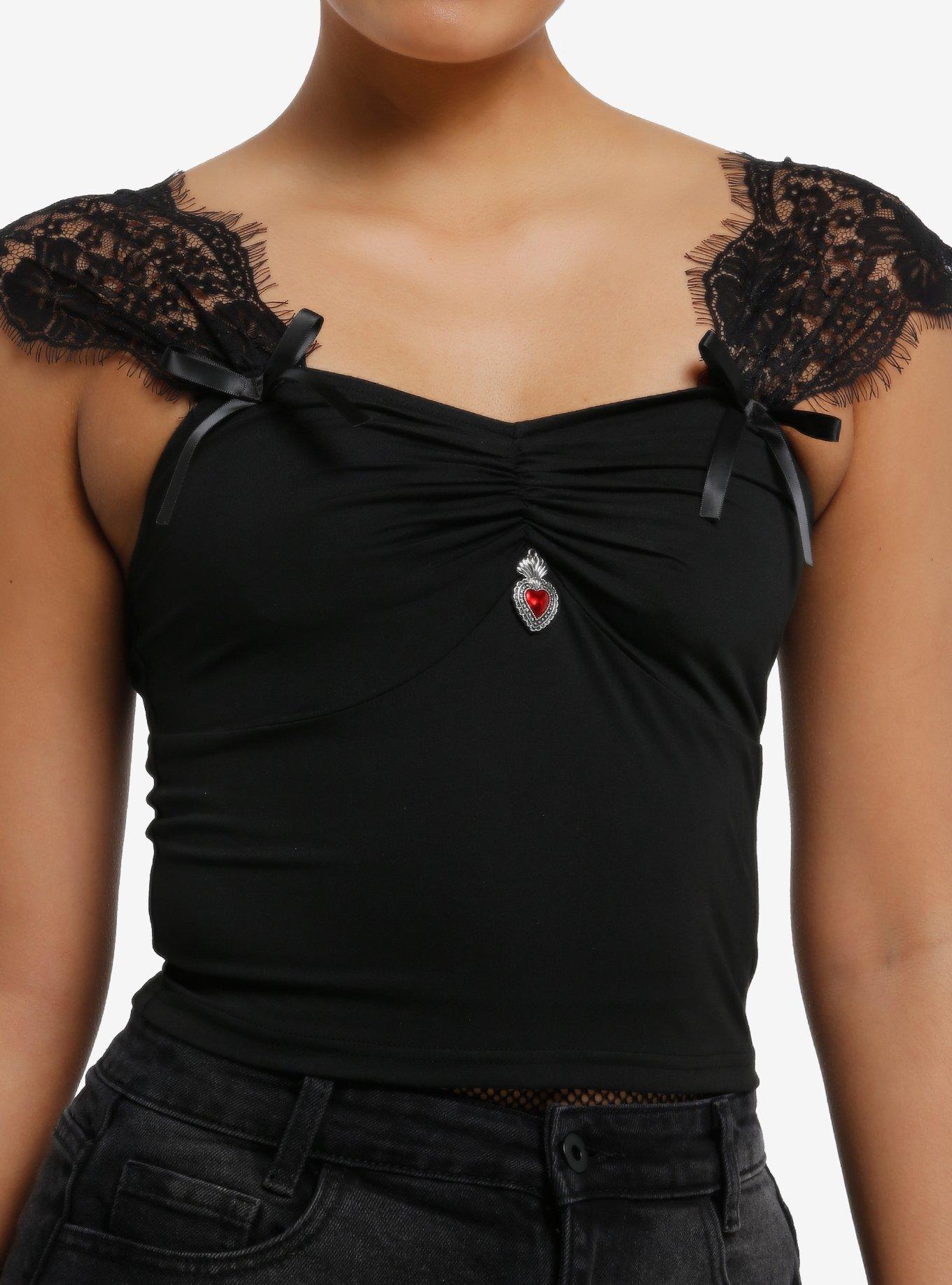 Cosmic Aura Black Heart Charm Lace Girls Top, , hi-res
