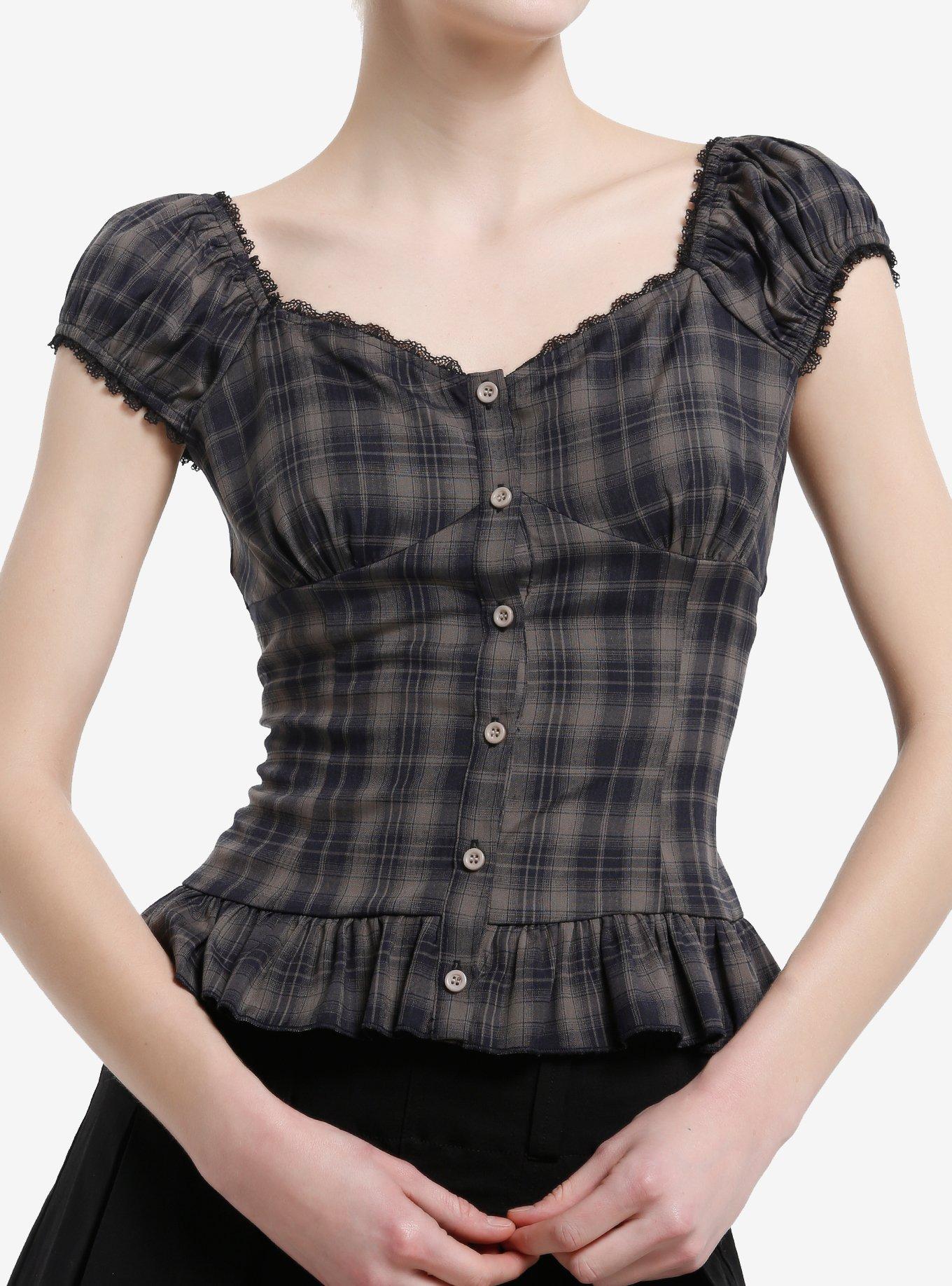 Dark Grey Plaid Ruffle Girls Top, , hi-res