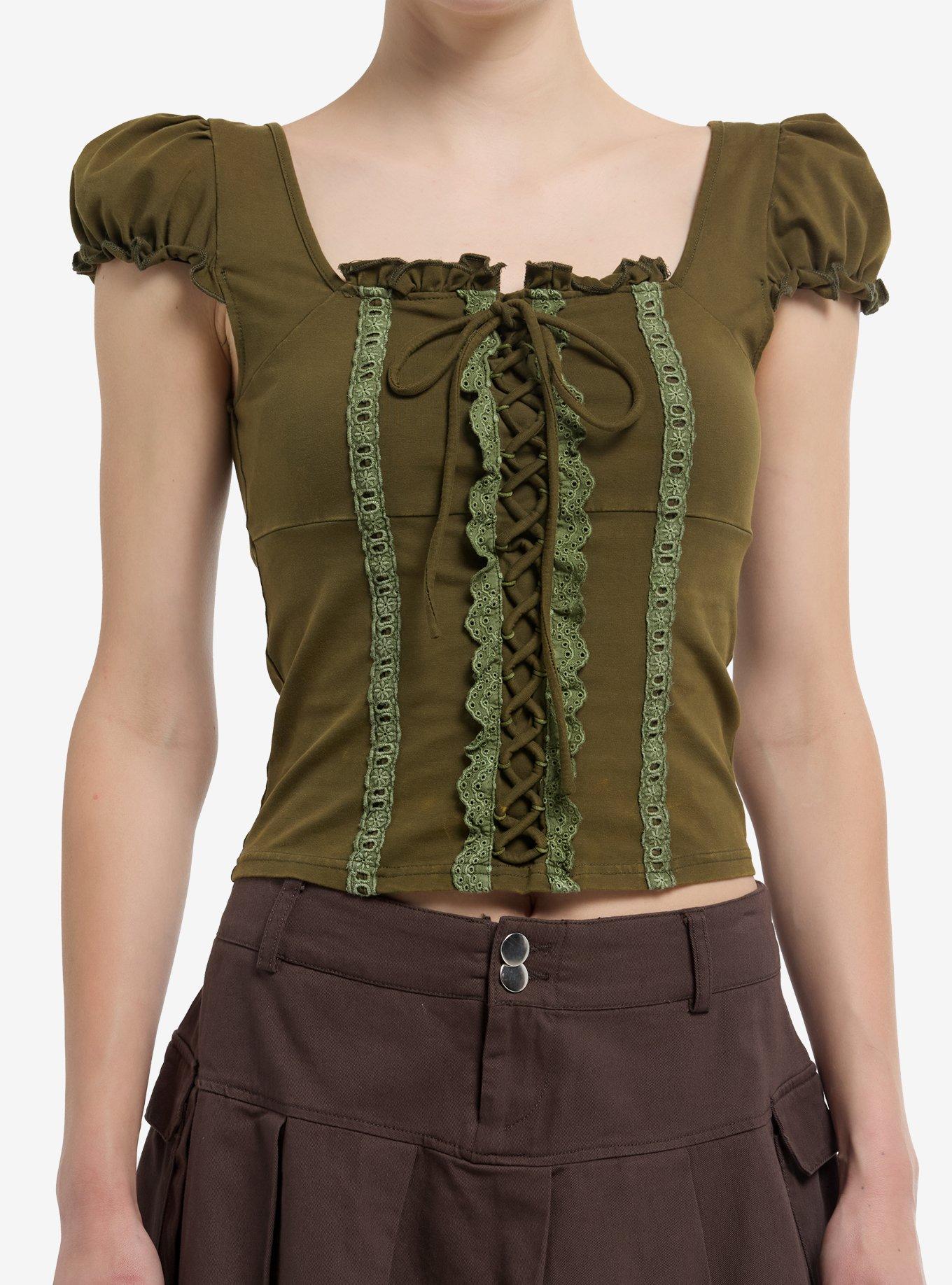 Thorn & Fable Olive Lace-Up Ruffle Girls Top, , hi-res