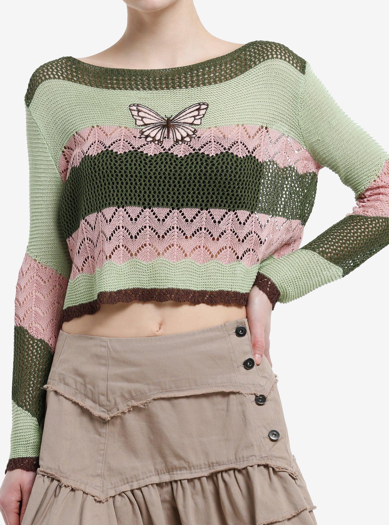 Thorn & Fable Butterfly Green & Pink Stripe Girls Crop Sweater, , hi-res