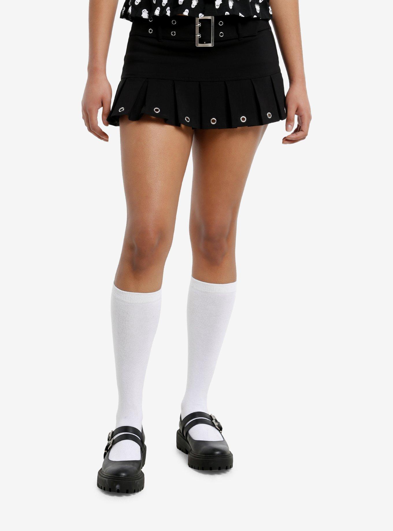 Black Buckle Grommet Pleated Mini Skort, , hi-res