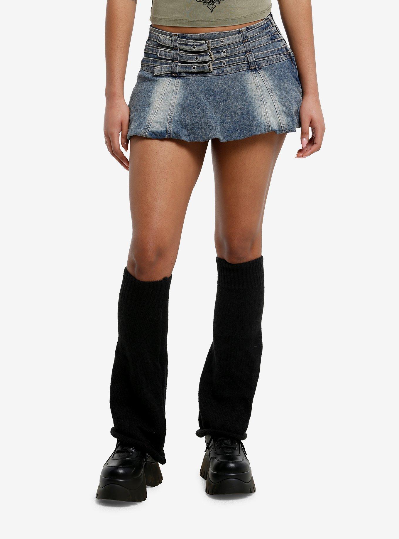 Vintage Wash Triple Buckle Denim Bubble Skort, , hi-res