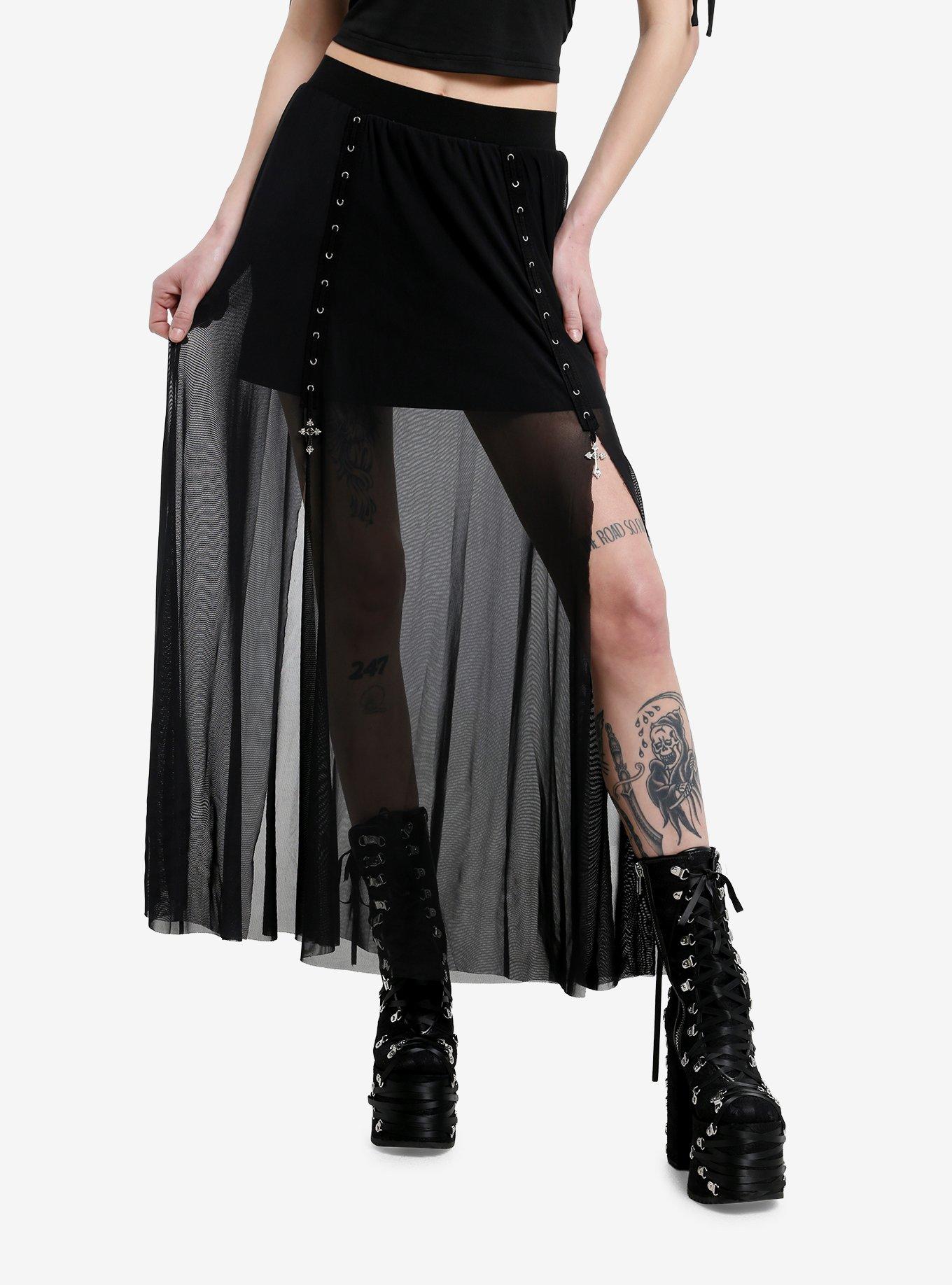 Daisy Street Black Mesh Gothic Cross Maxi Skirt, , hi-res