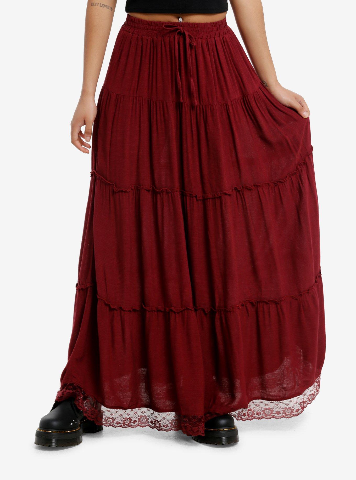 Thorn & Fable Burgundy Tiered Maxi Skirt, , hi-res
