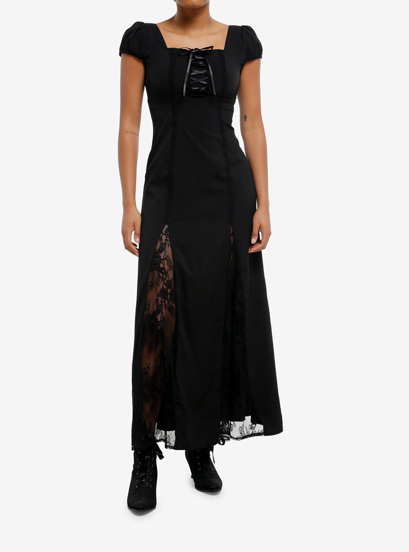 Black Lace Godet Maxi Dress, BLACK, hi-res
