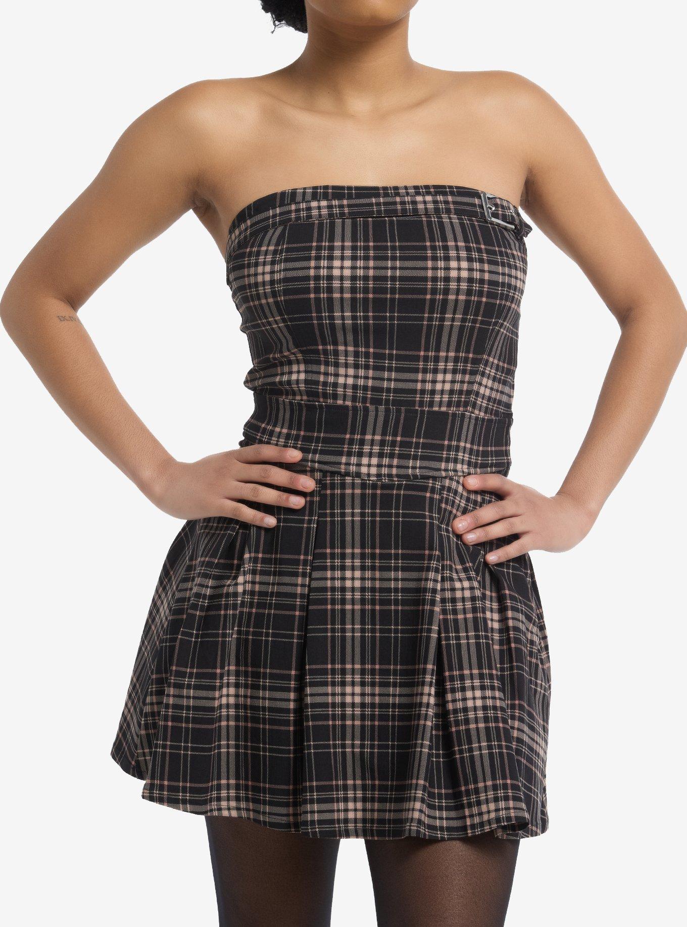 Black & Brown Plaid Buckle Strapless Mini Dress, , hi-res