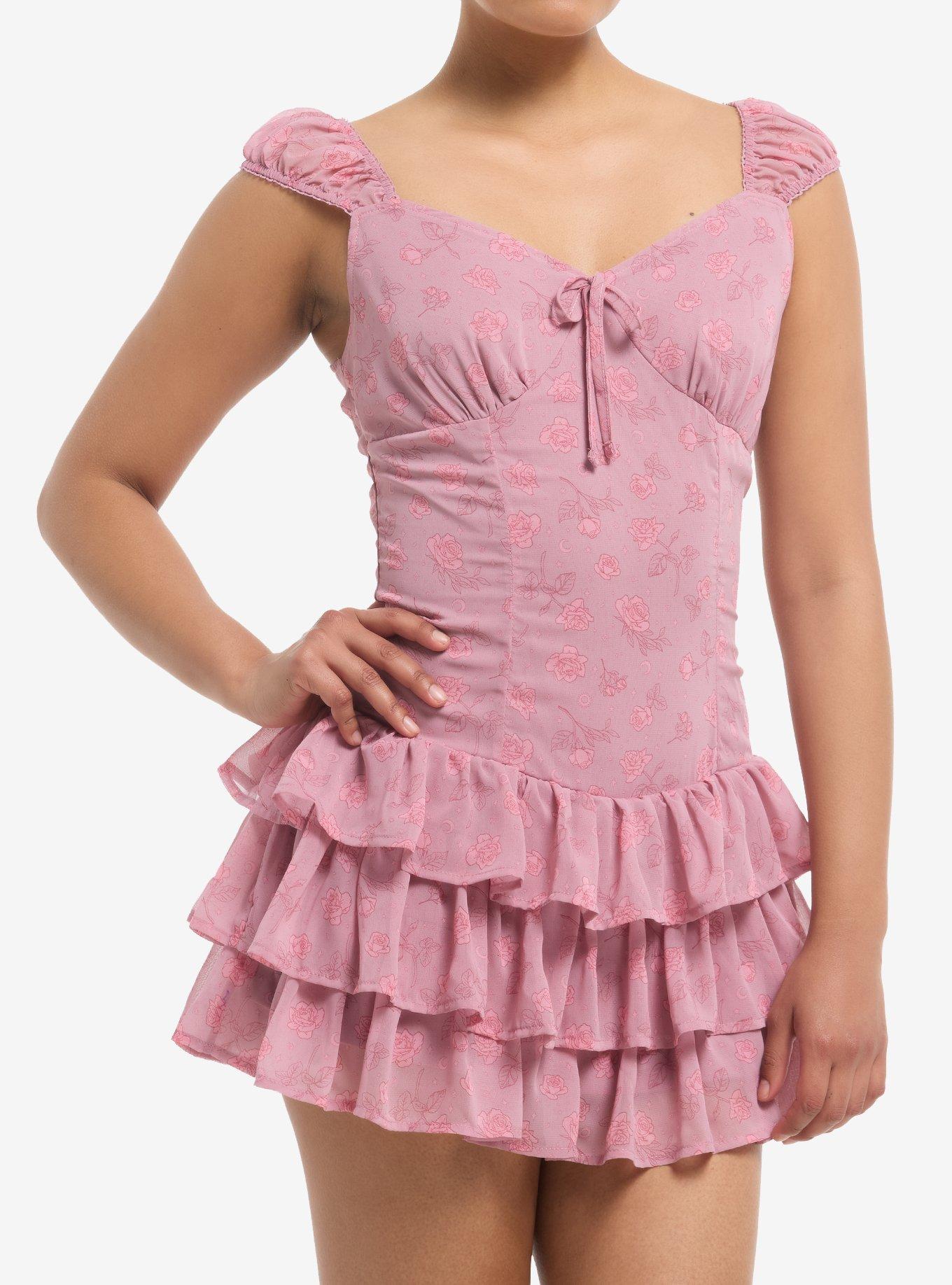 Sweet Society Pink Rose Tiered Mini Dress With Shorts, , hi-res