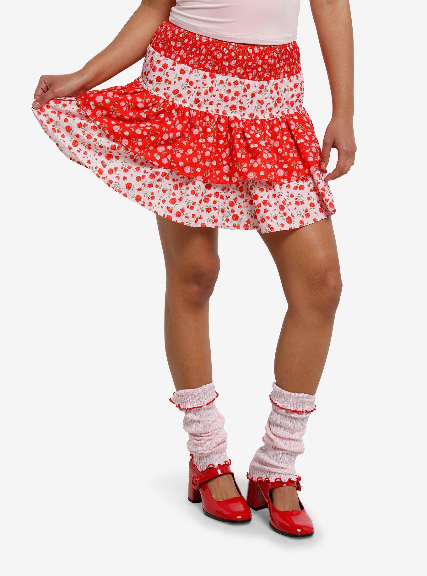 Daisy Street Strawberries & Roses Tiered Mini Skirt, , hi-res