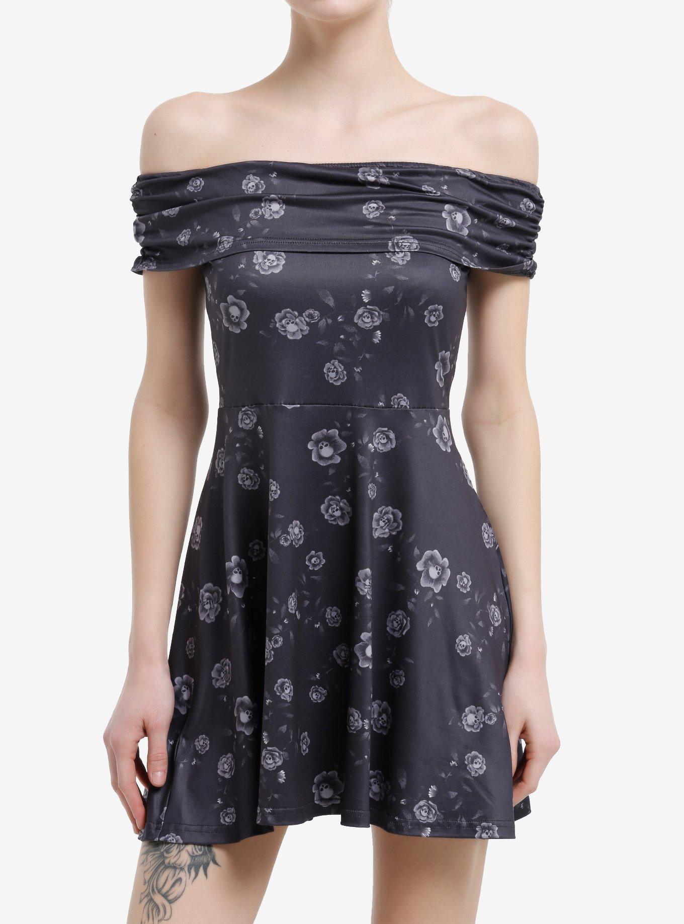 Black & Grey Flower Skulls Off-The-Shoulder Dress, , hi-res
