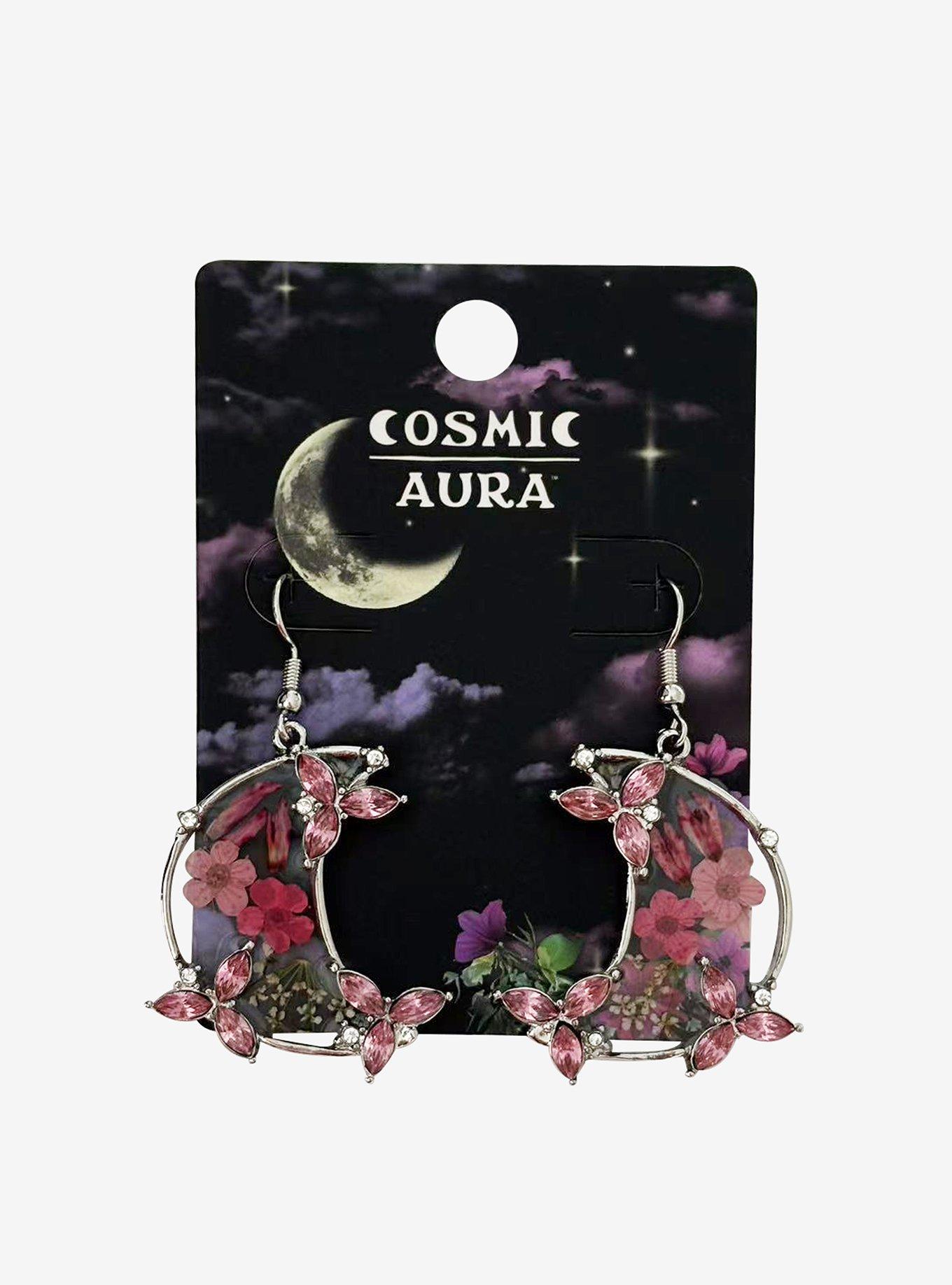 Cosmic Aura Pink Pressed Flower Moon Drop Earrings, , hi-res