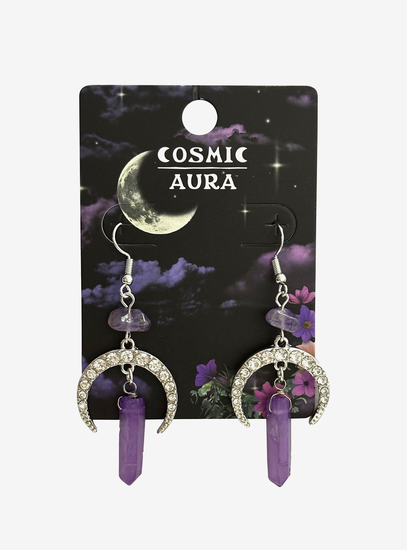 Cosmic Aura Faux Amethyst Crescent Moon Drop Earrings, , hi-res