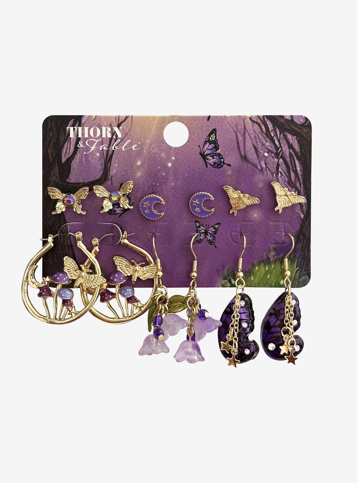 Thorn & Fable Purple Butterfly Mushroom Earring Set, , hi-res