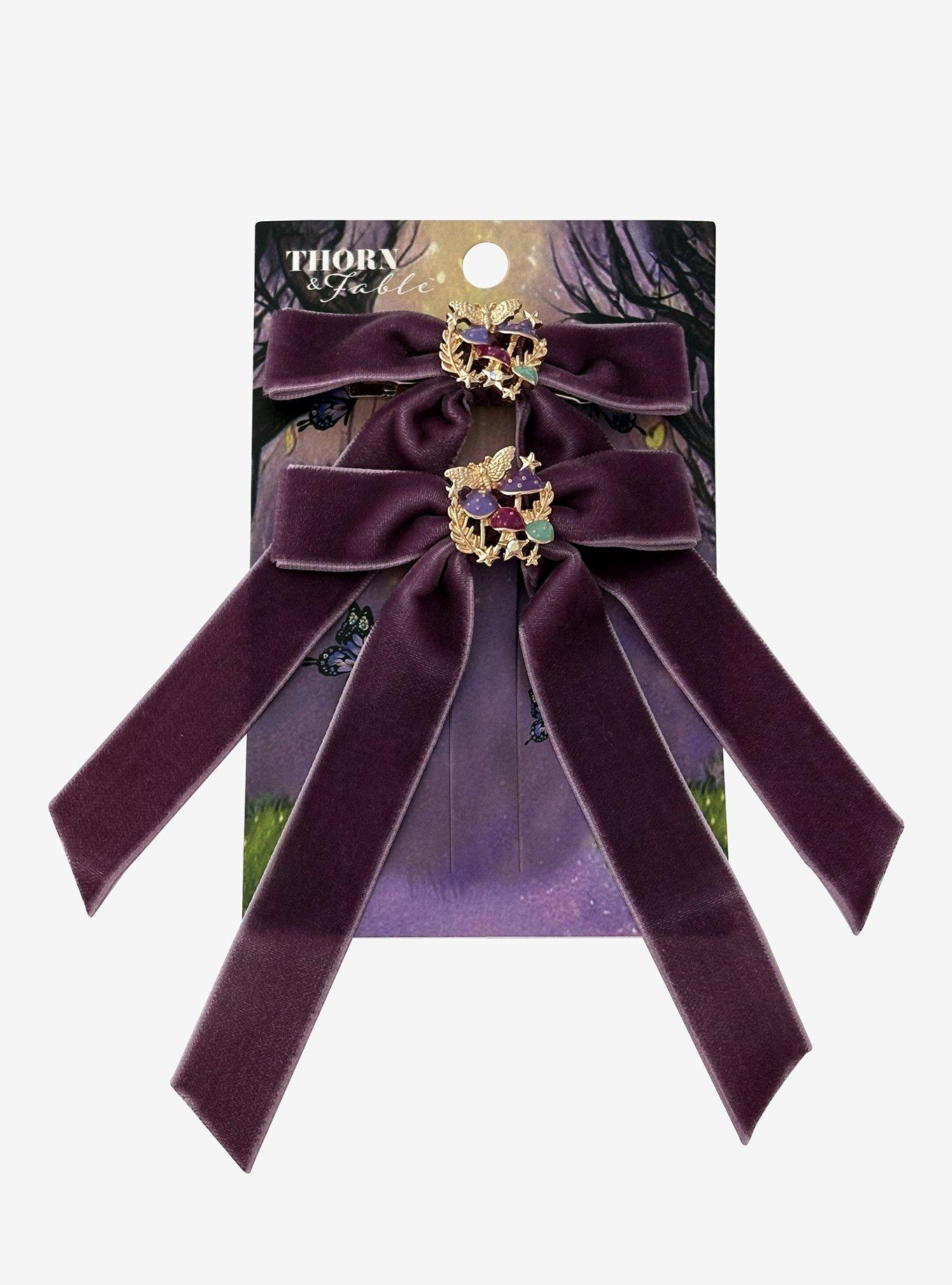 Thorn & Fable Moth & Mushroom Velvet Bow Hair Clip Set, , hi-res