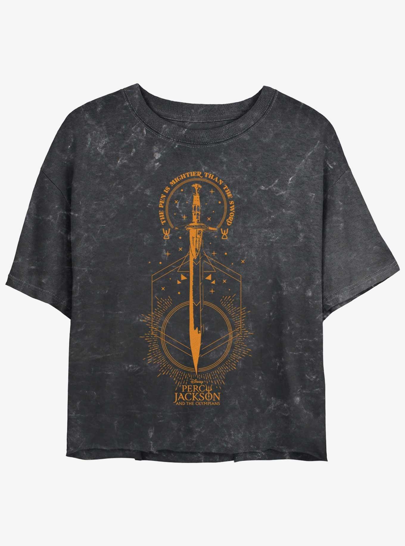 Disney Percy Jackson And The Olympians Pen Above Sword Mineral Wash Womens Crop T-Shirt, BLACK, hi-res