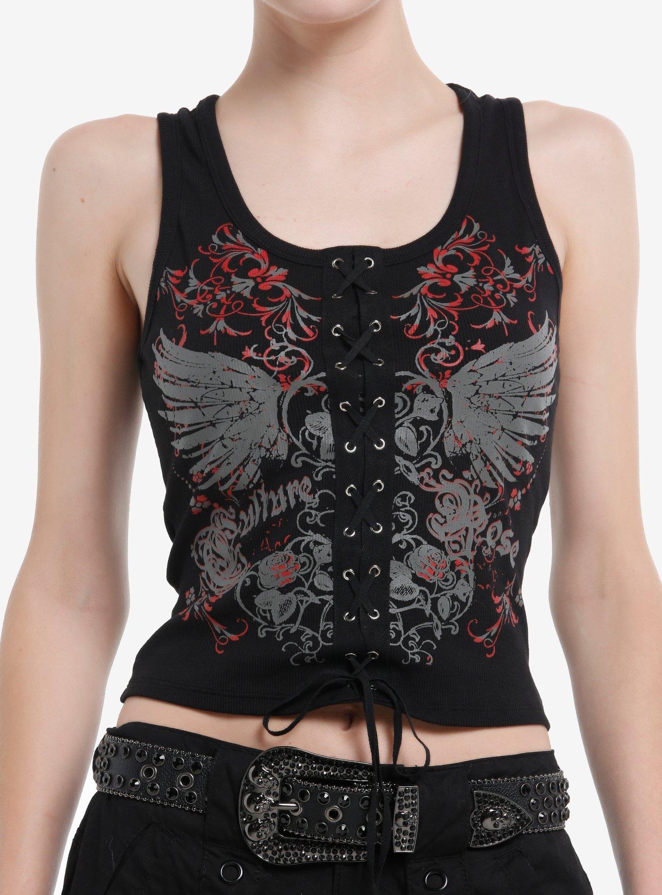 Wings & Filigree Black Lace-Up Girls Tank Top, , hi-res