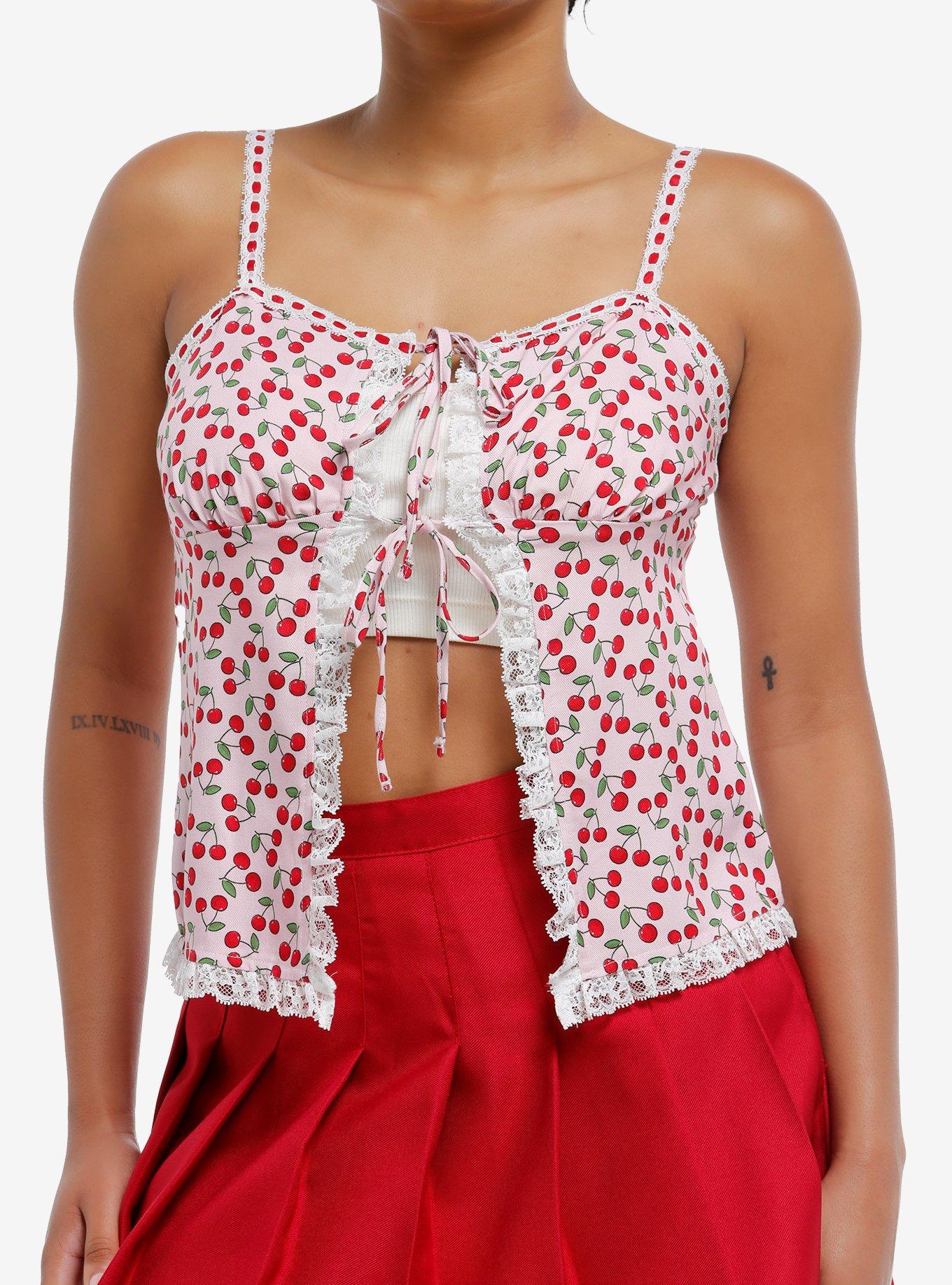 Sweet Society Cherries & Lace Tie-Front Woven Top, , hi-res