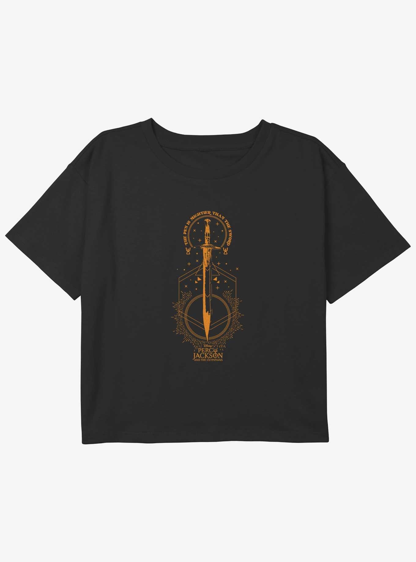 Disney Percy Jackson And The Olympians Pen Above Sword Youth Girls Boxy Crop T-Shirt, BLACK, hi-res