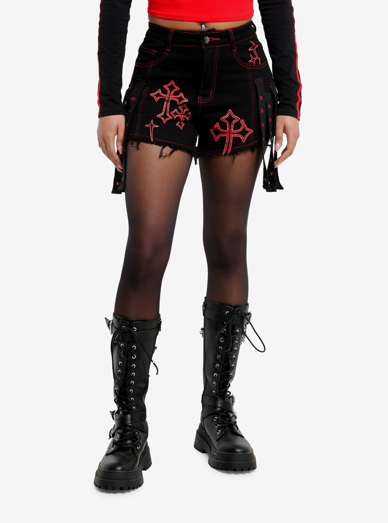 Black & Red Cross Girls Denim Shorts, , hi-res