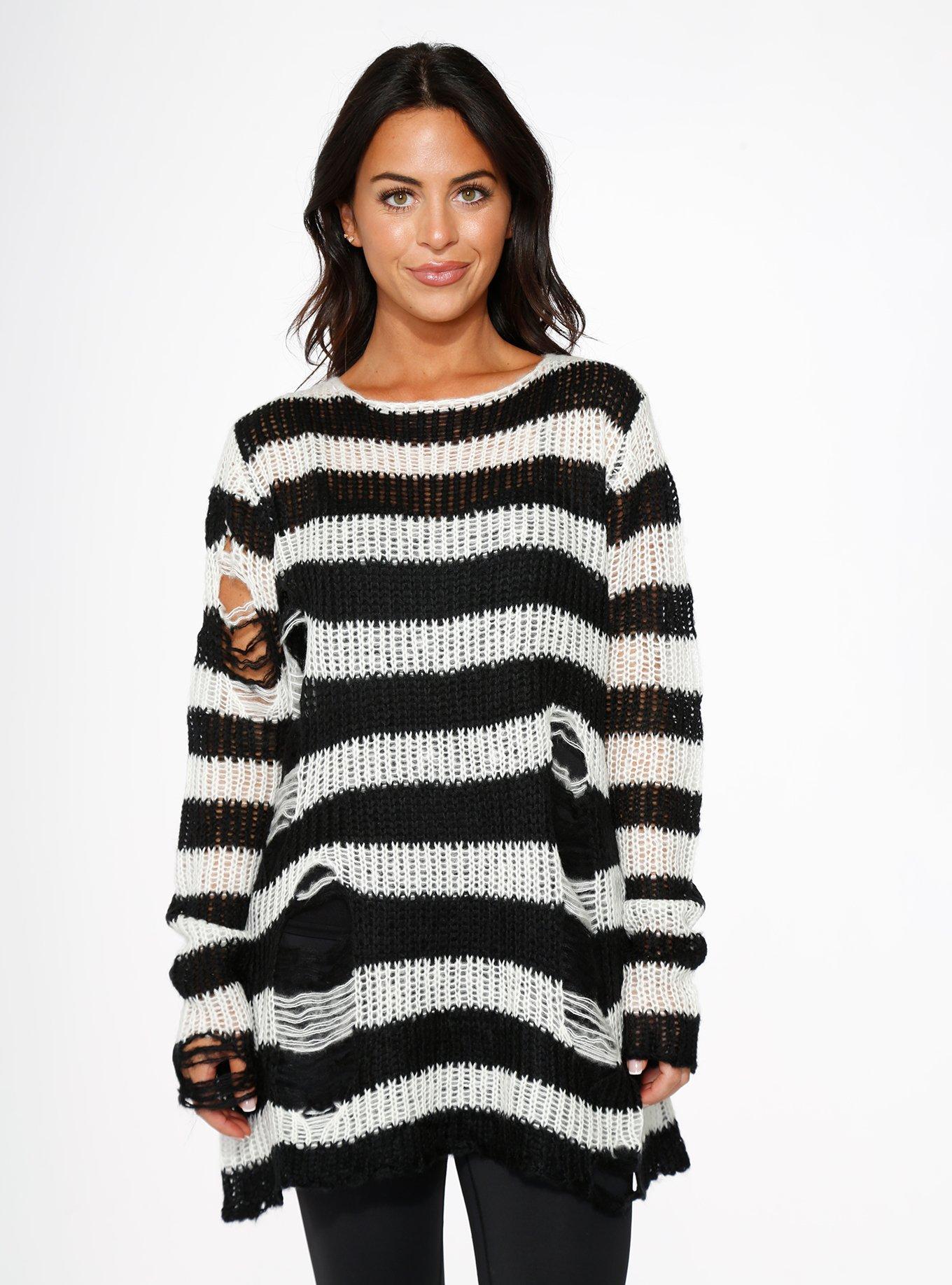 Black White Stripe Sweater, BLACK  WHITE, hi-res