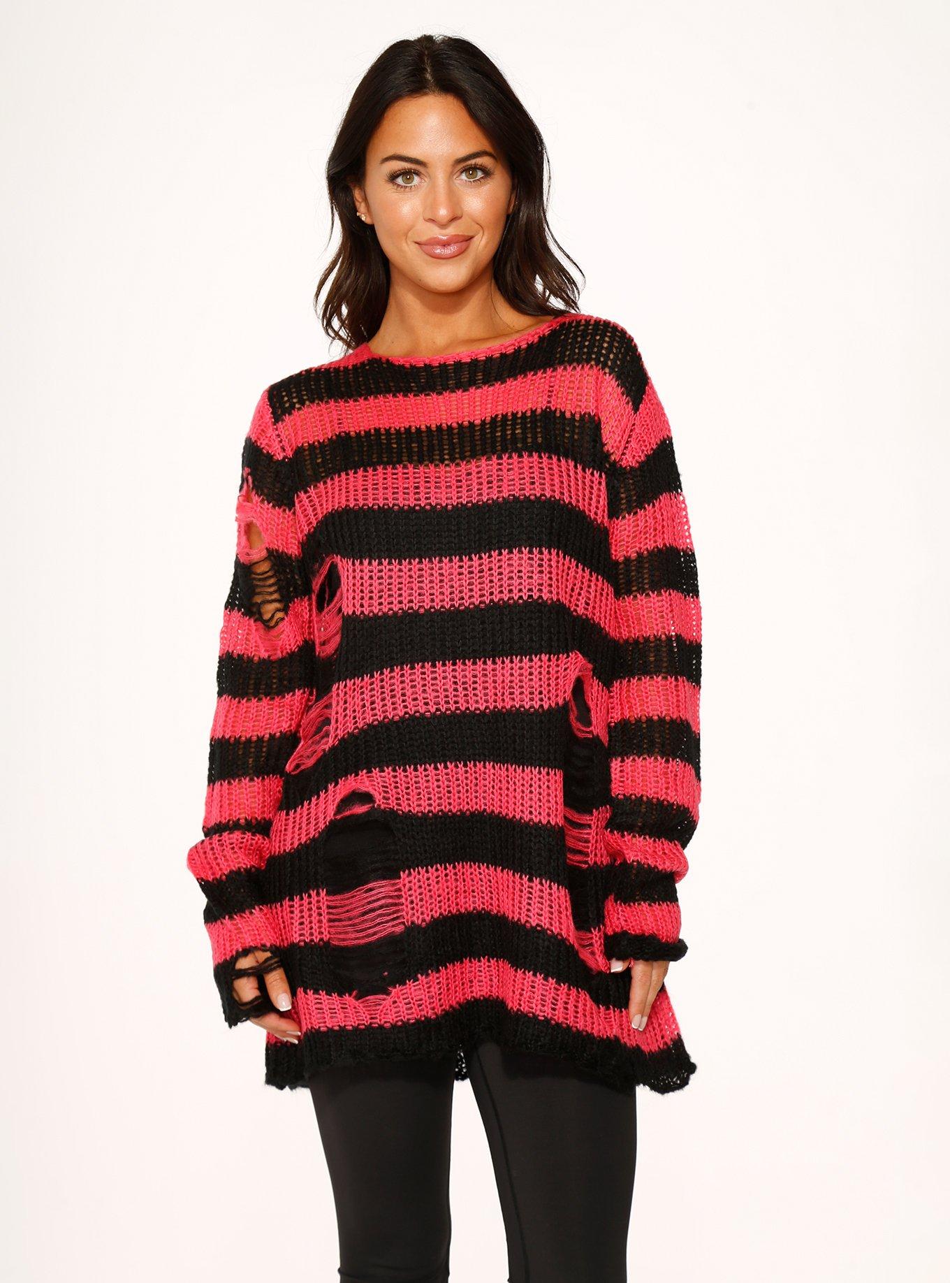 Black Pink Stripe Sweater, BLACK  PINK, hi-res