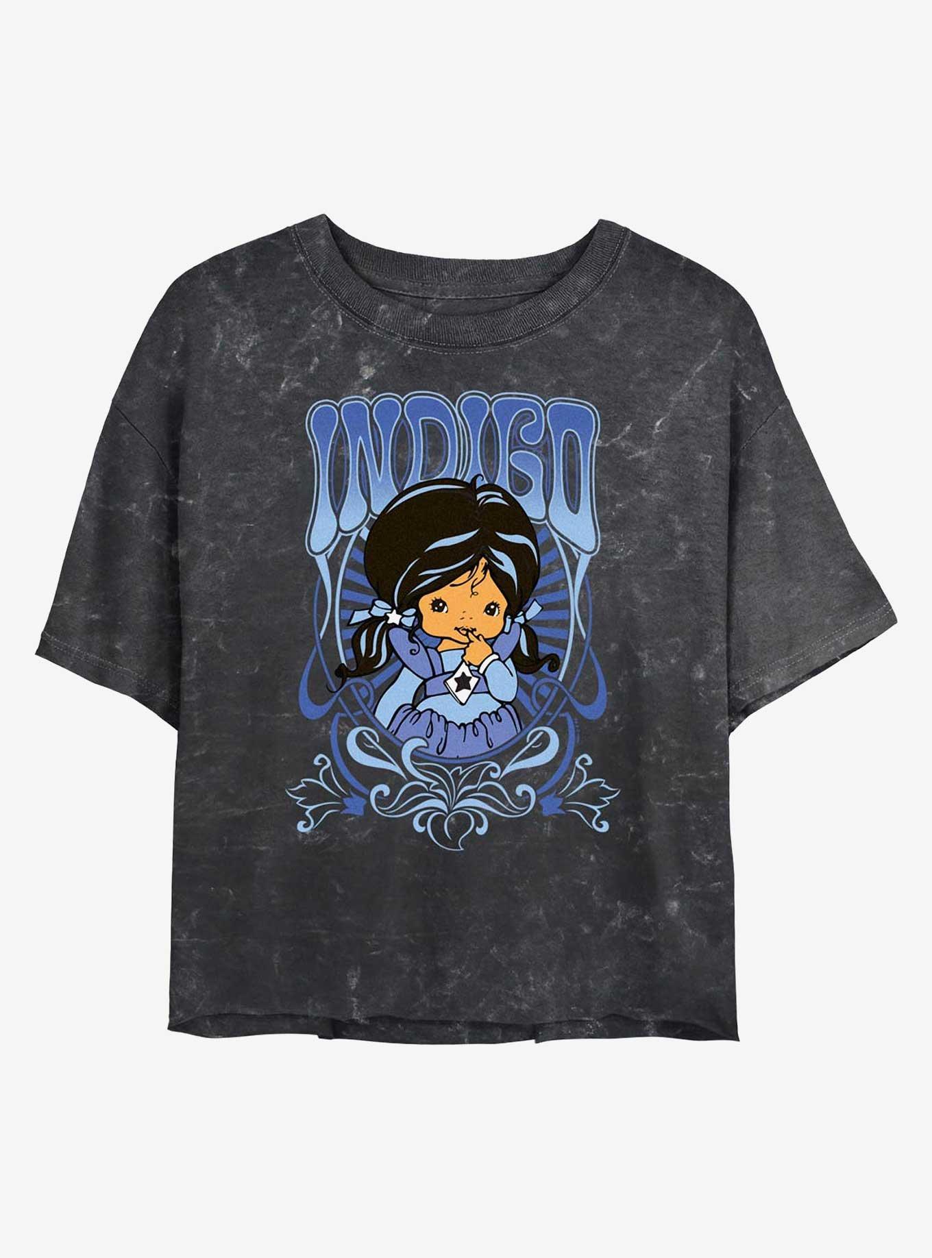 Rainbow Brite Indigo Nouveau Portrait Girls Mineral Wash Crop T-Shirt, BLACK, hi-res