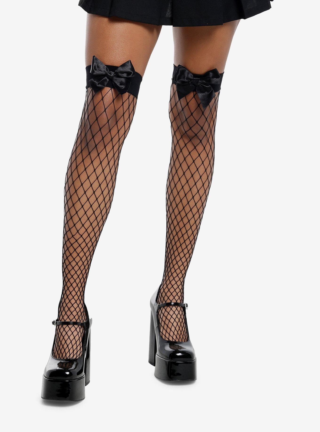 Leg Avenue Black Fishnet Bow Thigh Highs, , hi-res
