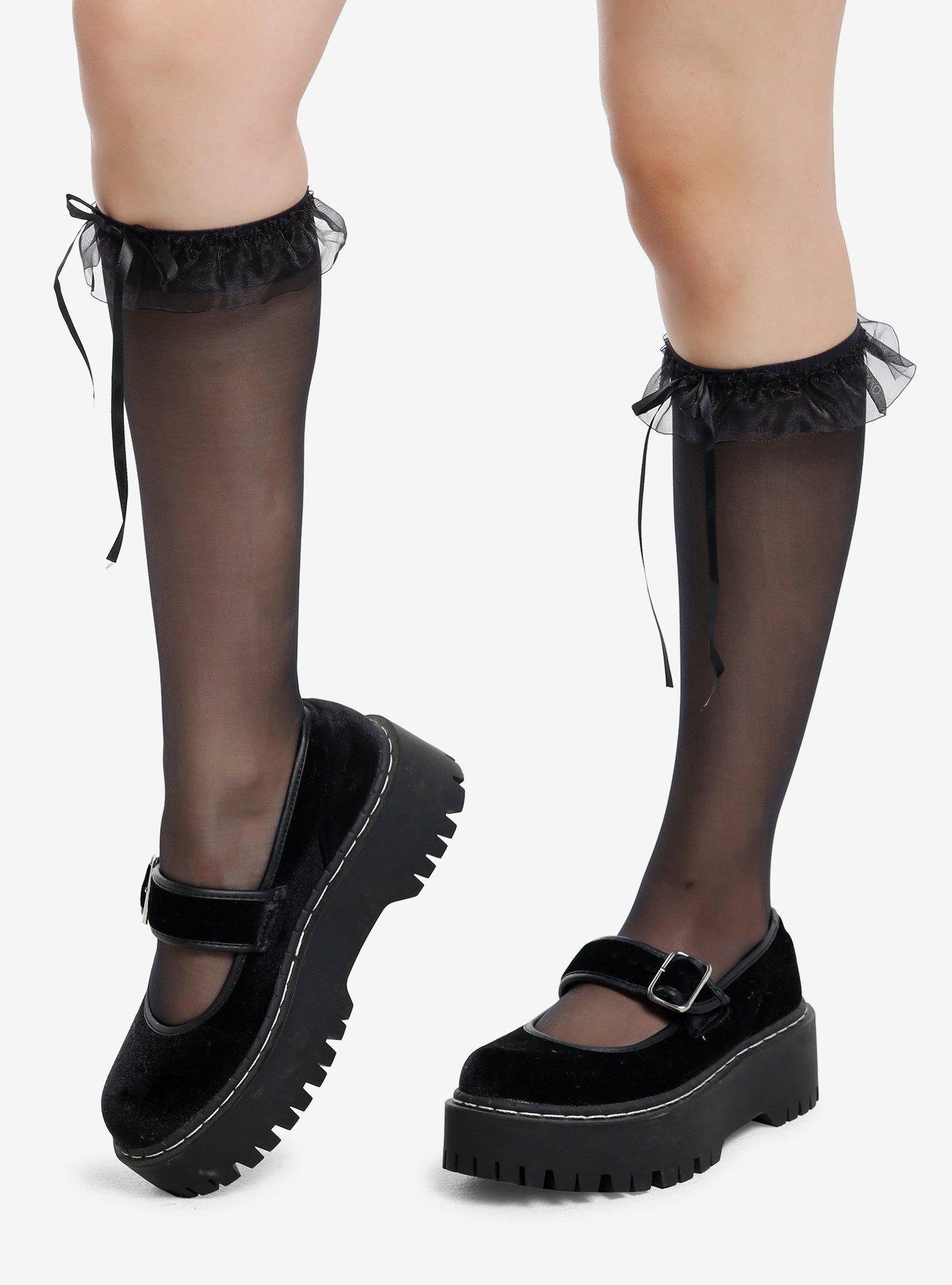 Black Sheer Ruffle Knee-High Socks, , hi-res