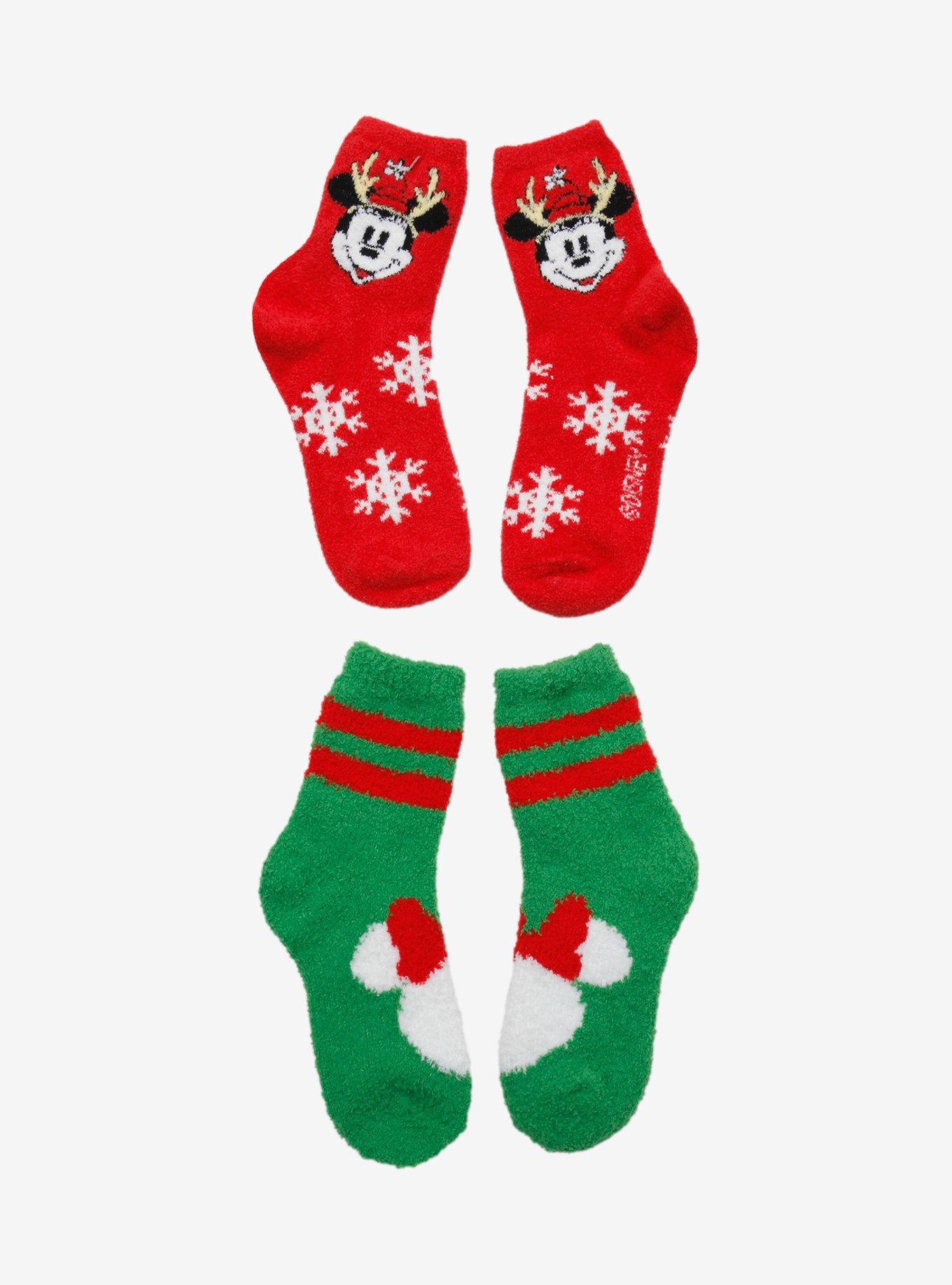 Disney Mickey Mouse & Minnie Mouse Holiday Fuzzy Crew Socks 2 Pair, , hi-res