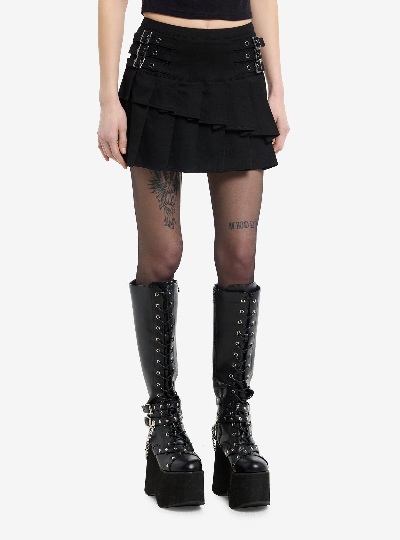 Black Buckle & Asymmetrical Ruffle Mini Skirt