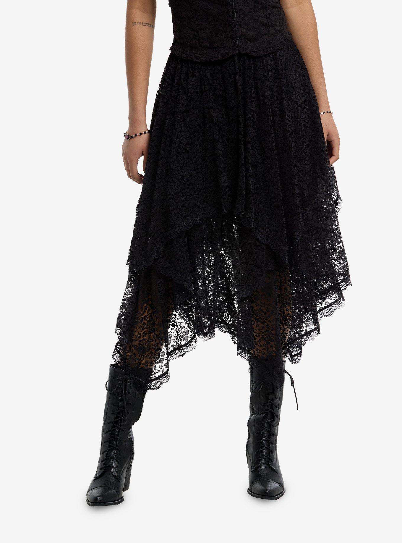 Cosmic Aura Black Lace Tiered Hanky Hem Midi Skirt | Hot Topic