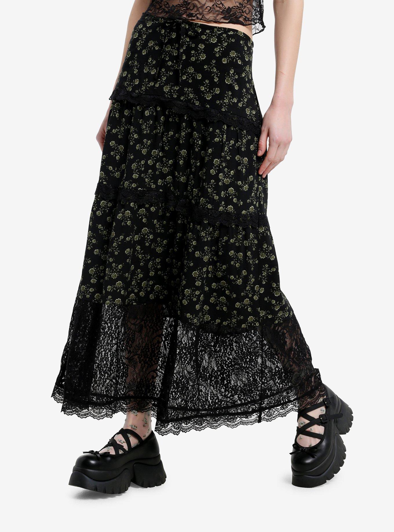 Thorn & Fable Green Flower & Black Lace Midi Skirt, , hi-res