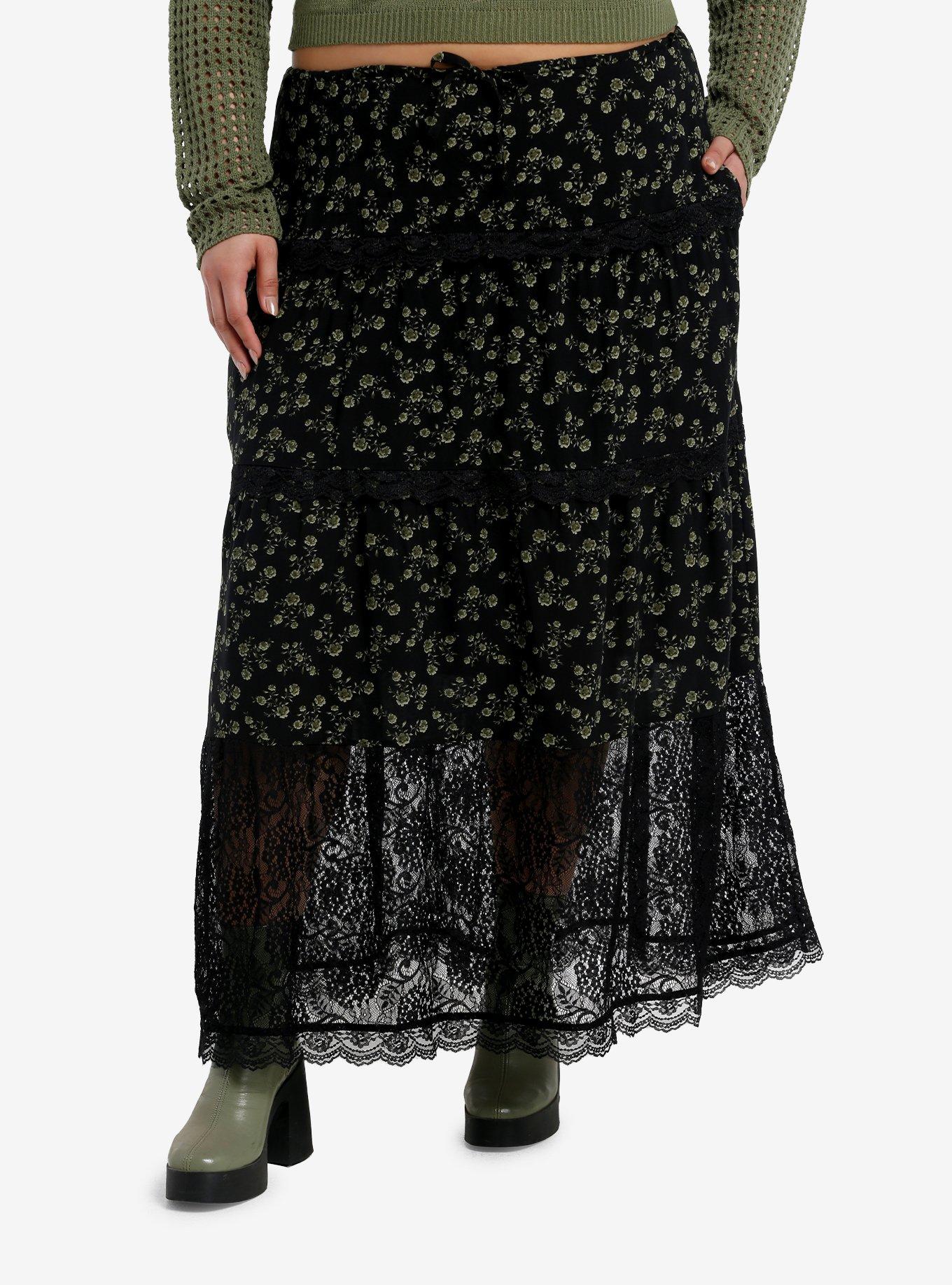 Thorn & Fable Green Flower & Black Lace Midi Skirt Plus Size, , hi-res