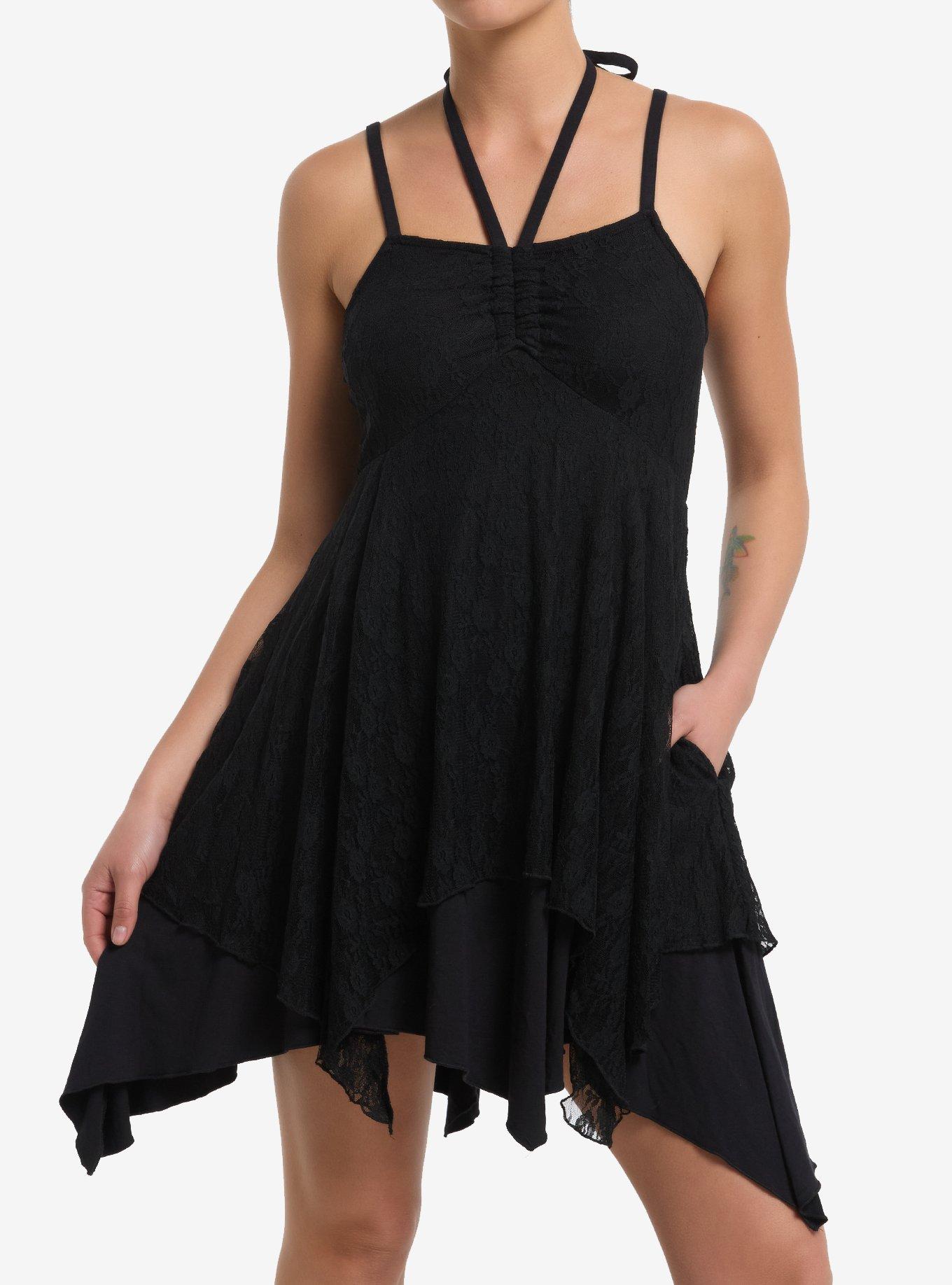 Black Lace Hanky Hem Halter Dress, , hi-res