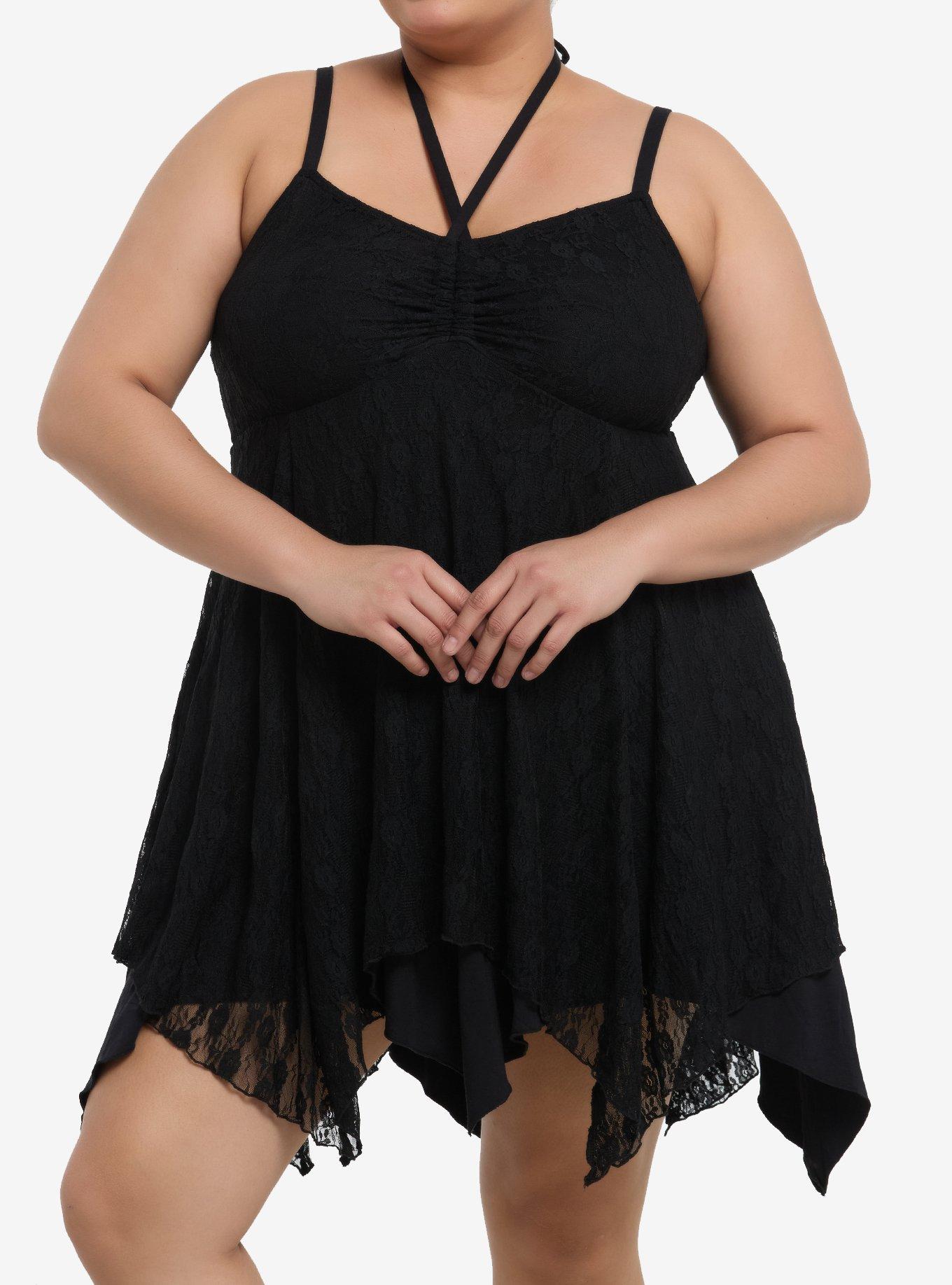 Black Lace Hanky Hem Halter Dress Plus Size, , hi-res